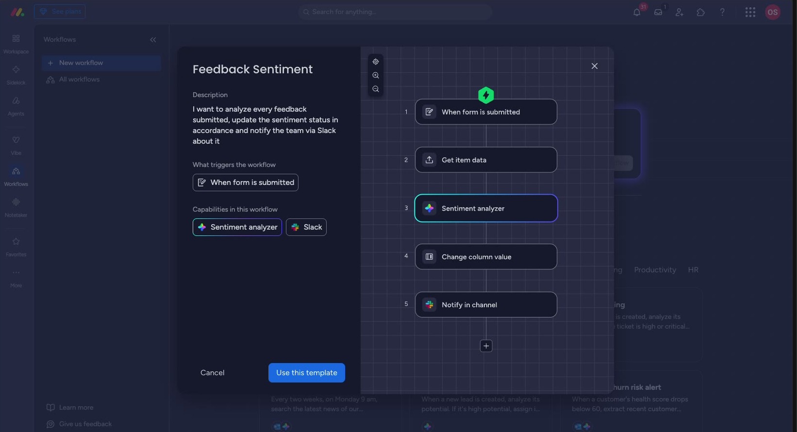 AI Workflows — תהליך רב-שלבי שמריץ AI באמצע 8 שלב AI בתוך תהליך אוטומציה — צומת ה-Sentiment analyzer מודגש (מתוך חשבון הדגמה)