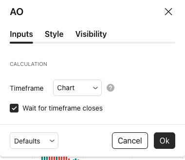 מה זה Awesome Oscillator: משווה מומנטום קצר למומנטום ארוך 5 מסך ההגדרות של Awesome Oscillator ב-TradingView