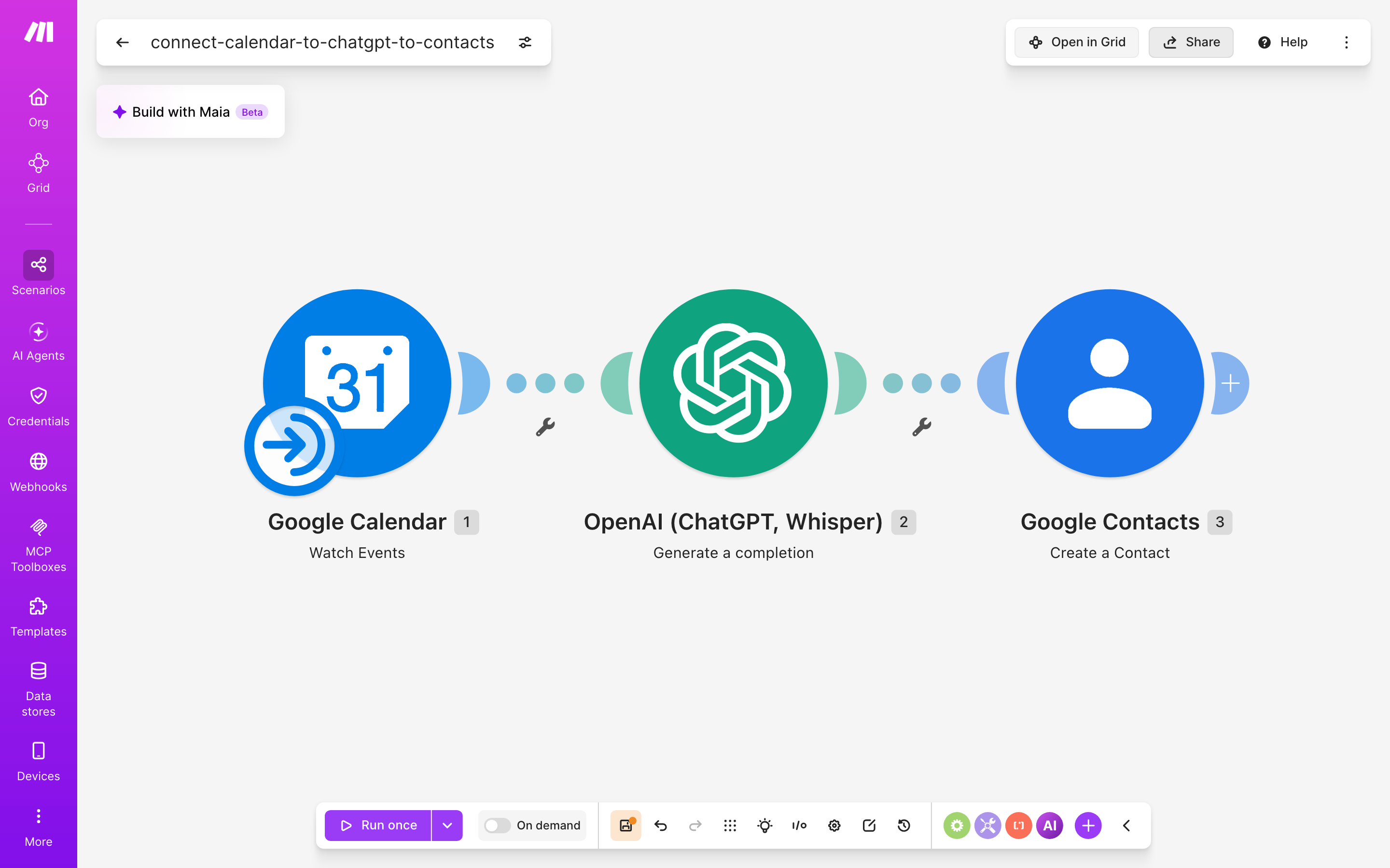 איך מחברים Google Calendar ל-contacts — אירוע חדש ביומן → ChatGPT מנסח בעברית → נוצר איש-קשר 6 עורך התרחיש — Google Calendar (Watch Events) → ChatGPT (Generate a completion) → google-contacts (Create Acontact)