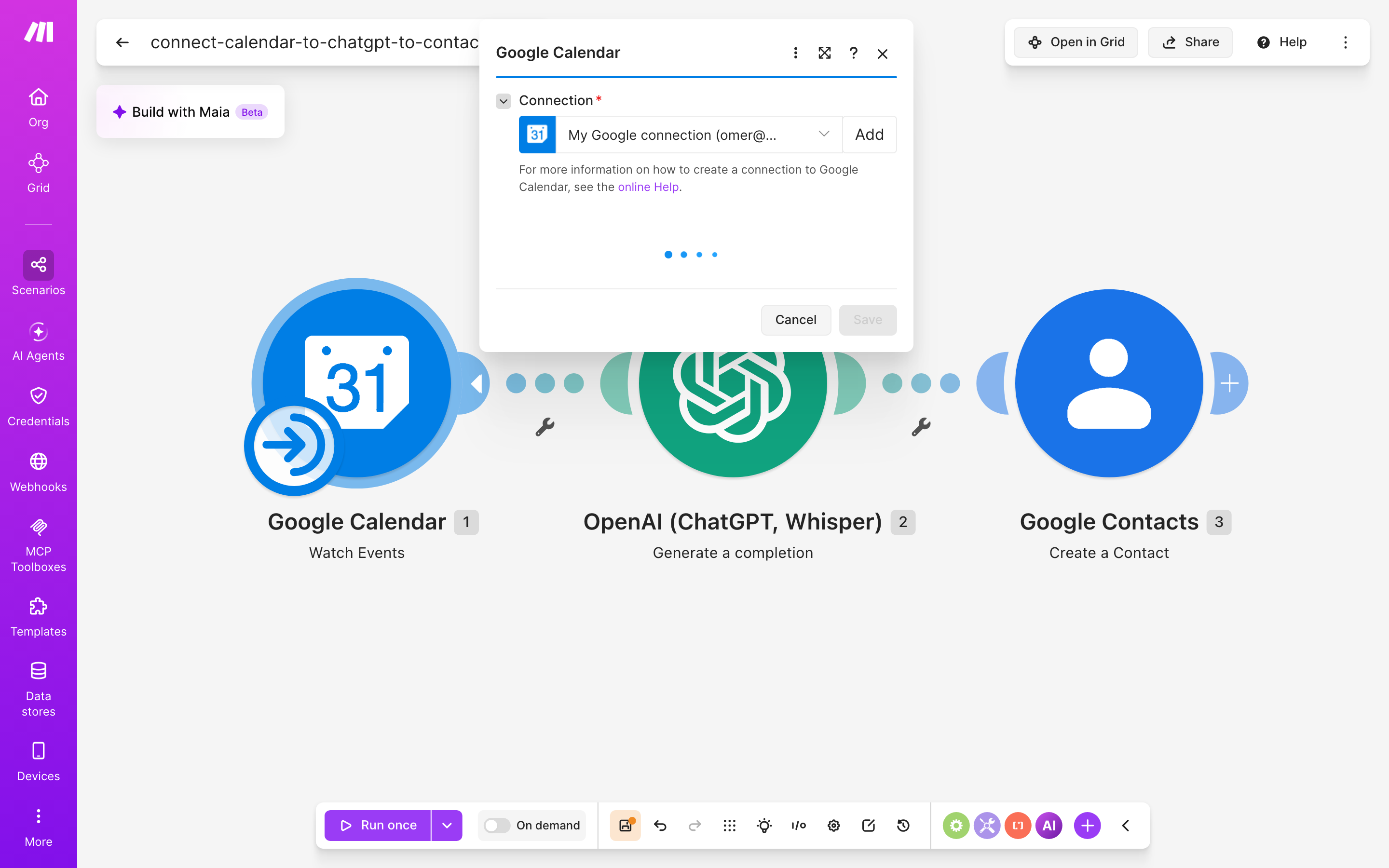 איך מחברים Google Calendar ל-contacts — אירוע חדש ביומן → ChatGPT מנסח בעברית → נוצר איש-קשר 7 הגדרות המודול Google Calendar — Watch Events