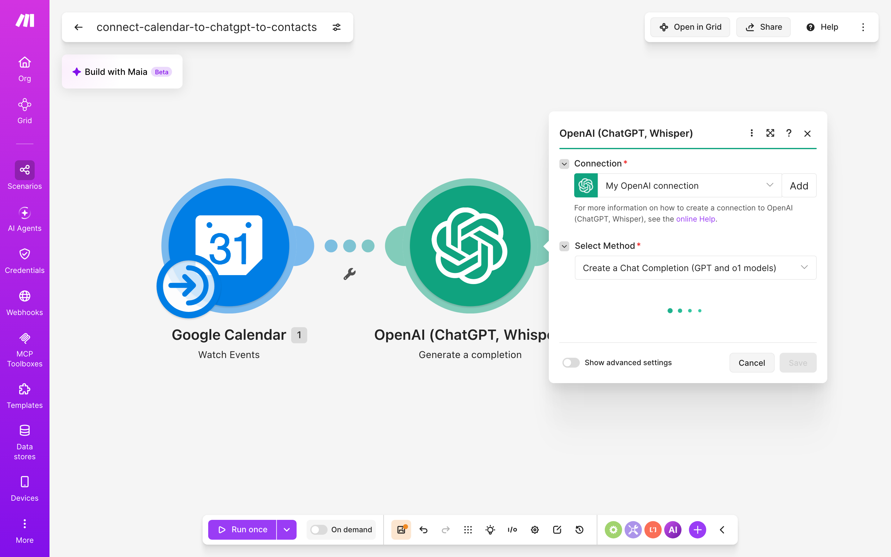 איך מחברים Google Calendar ל-contacts — אירוע חדש ביומן → ChatGPT מנסח בעברית → נוצר איש-קשר 8 הגדרות המודול ChatGPT — Generate a completion