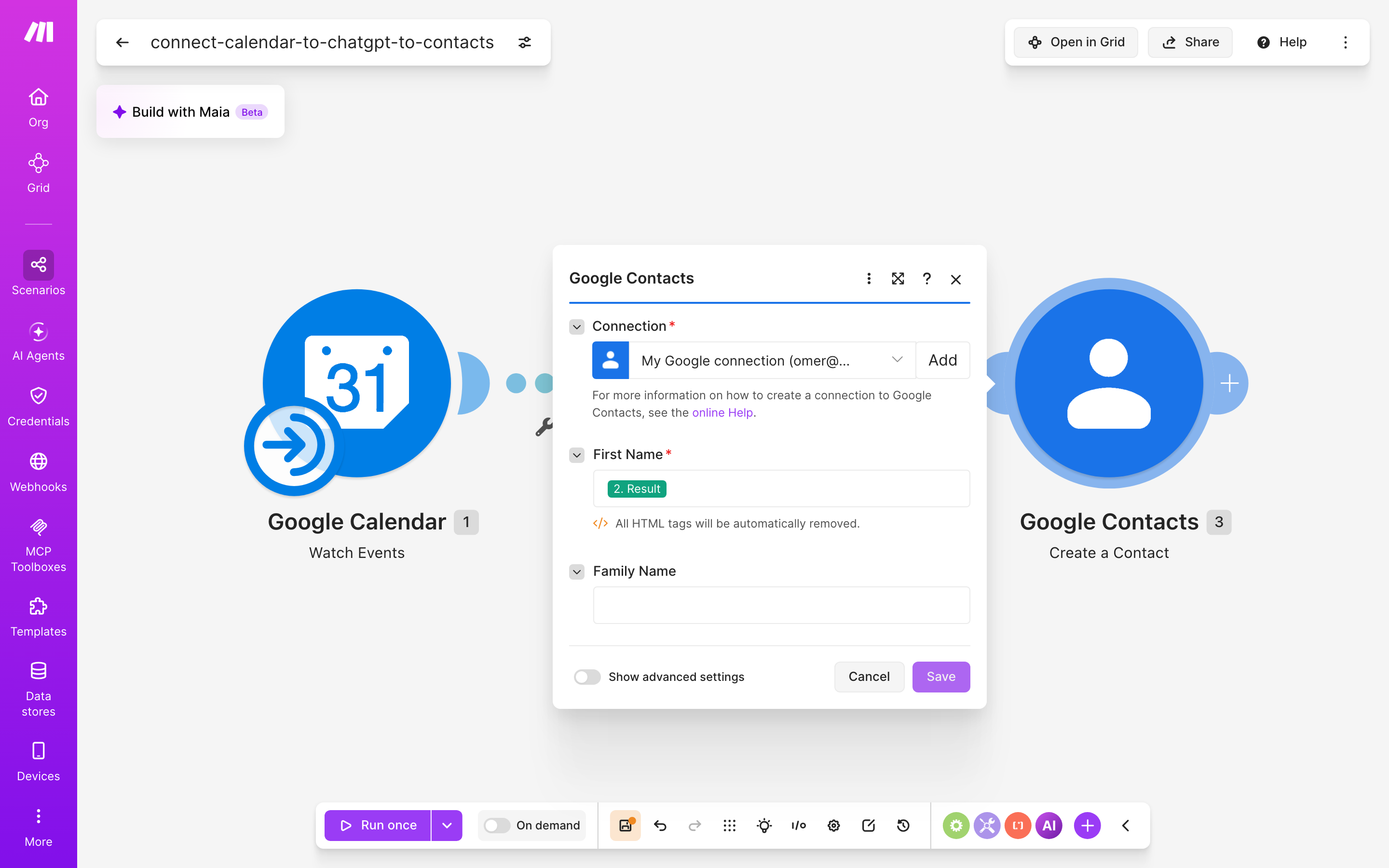 איך מחברים Google Calendar ל-contacts — אירוע חדש ביומן → ChatGPT מנסח בעברית → נוצר איש-קשר 9 הגדרות המודול google-contacts — Create Acontact