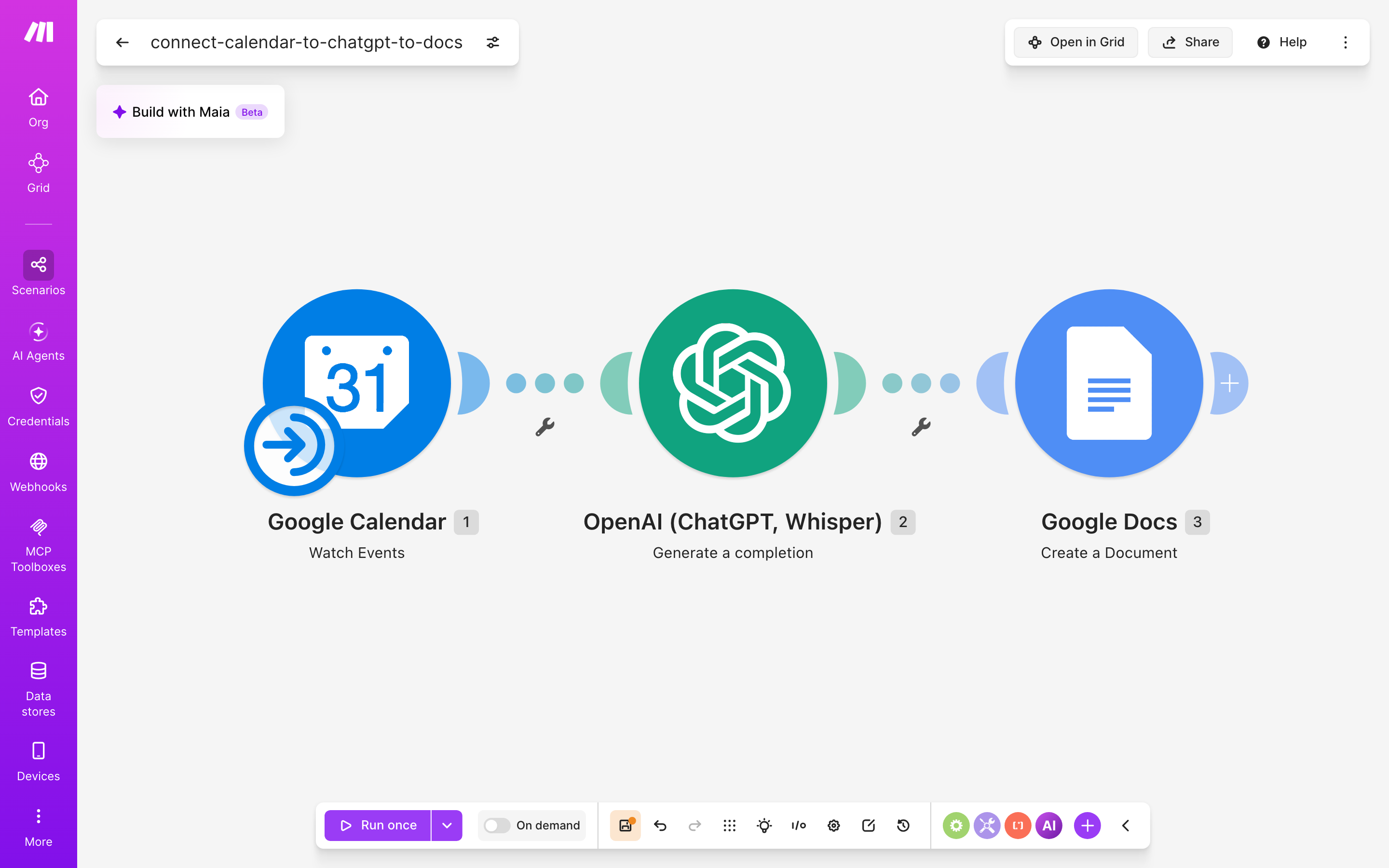 איך מחברים Google Calendar ל-Google Docs — אירוע חדש ביומן → ChatGPT מנסח בעברית → נוצר מסמך מוכן 2 עורך התרחיש — Google Calendar (Watch Events) → ChatGPT (Generate a completion) → Google Docs (Create a Document)