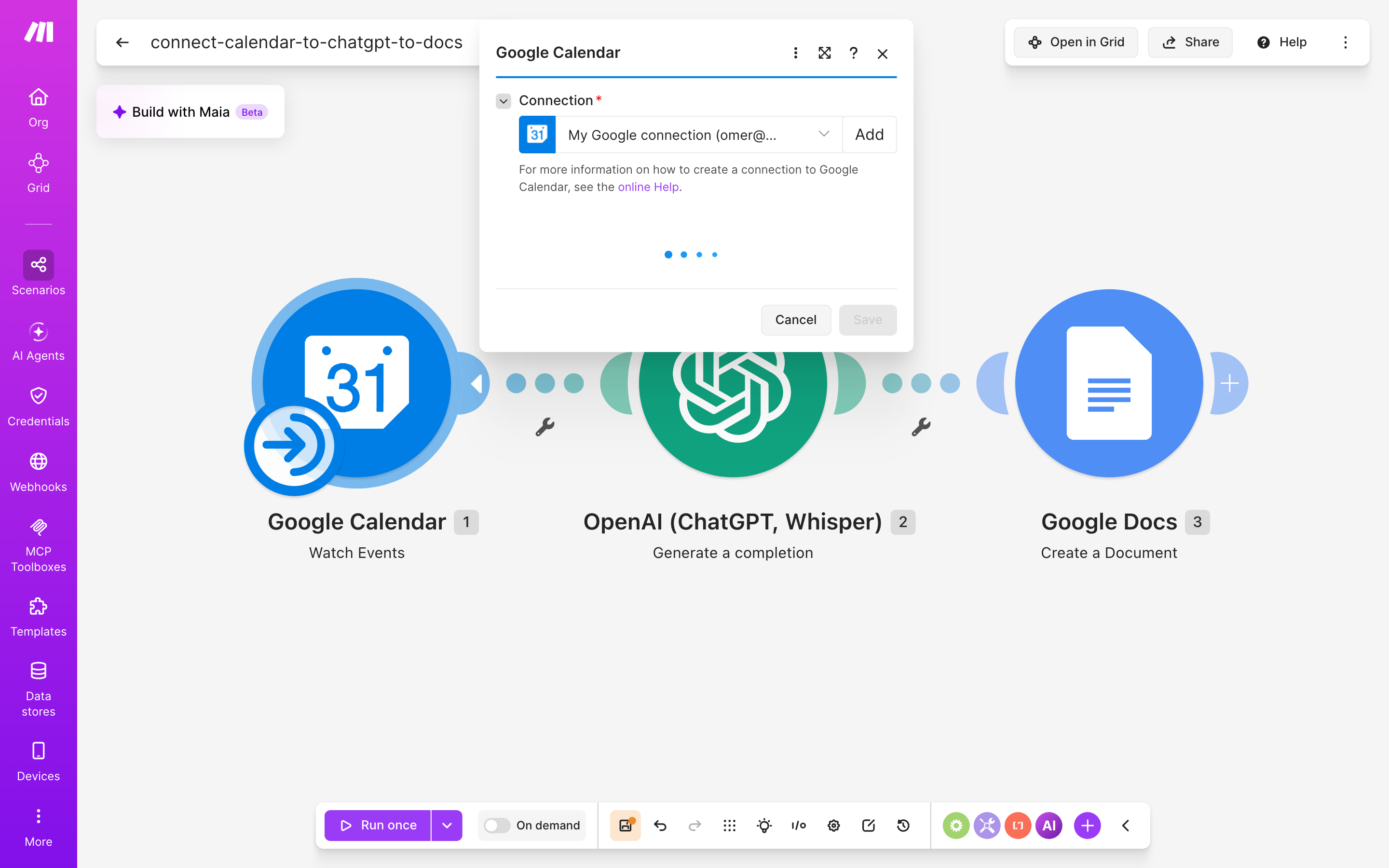 איך מחברים Google Calendar ל-Google Docs — אירוע חדש ביומן → ChatGPT מנסח בעברית → נוצר מסמך מוכן 3 הגדרות המודול Google Calendar — Watch Events