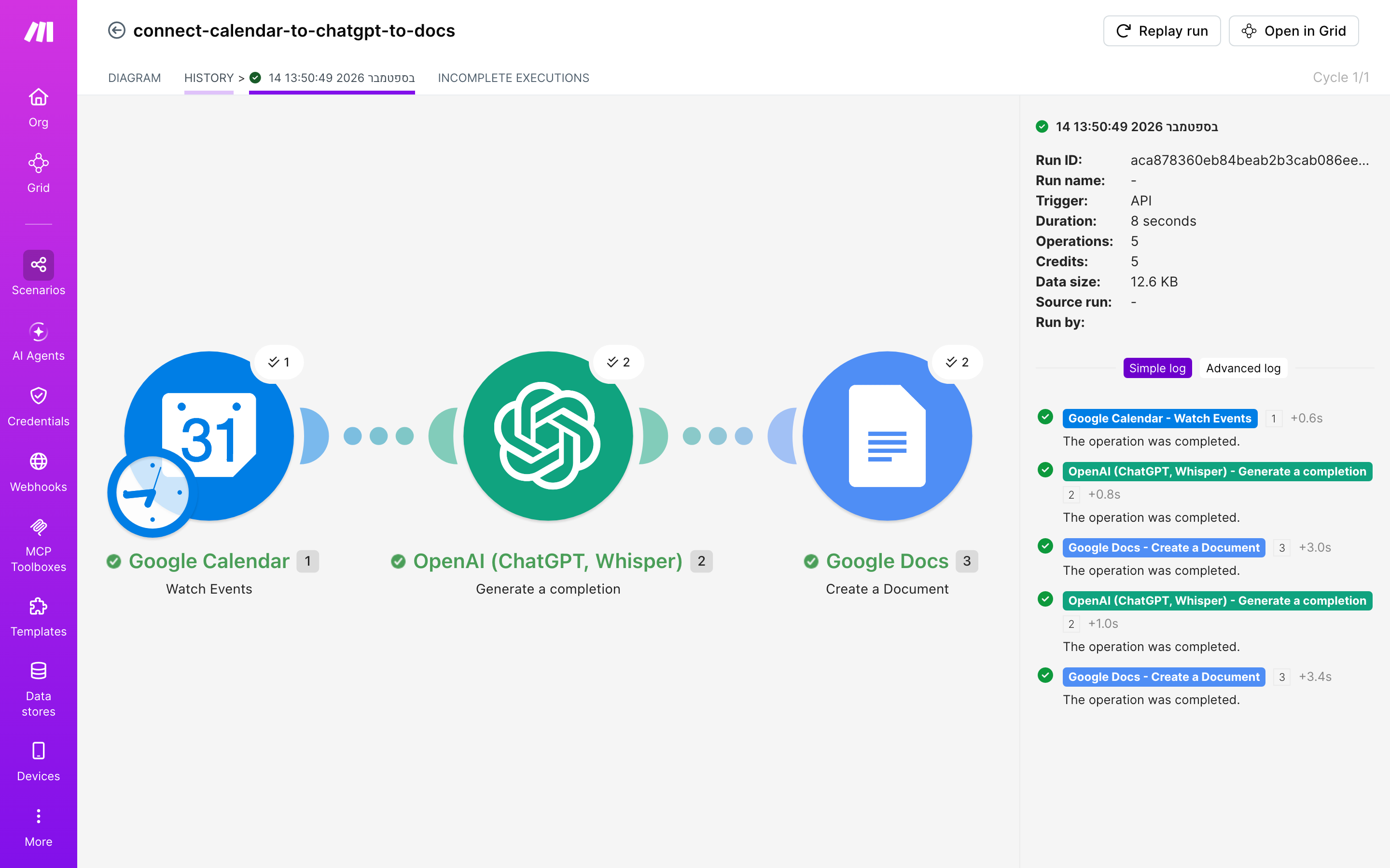 איך מחברים Google Calendar ל-Google Docs — אירוע חדש ביומן → ChatGPT מנסח בעברית → נוצר מסמך מוכן 6 היסטוריית-הריצות: ריצה ירוקה, 5 פעולות, 14.9.2026