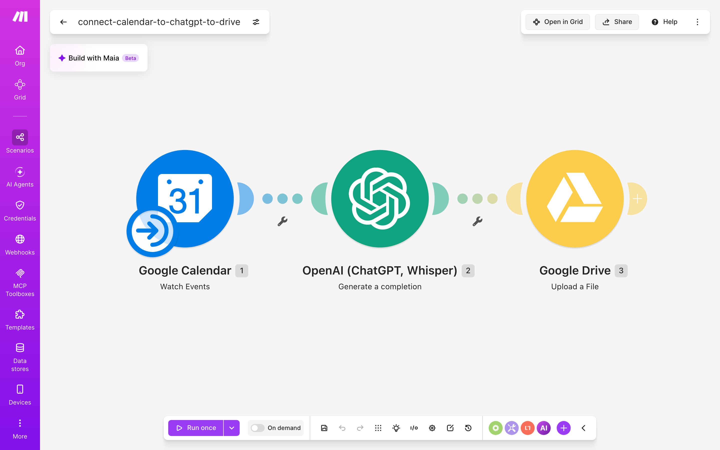 עורך התרחיש — Google Calendar (Watch Events) → ChatGPT (Generate a completion) → Google Drive (Upload a File)