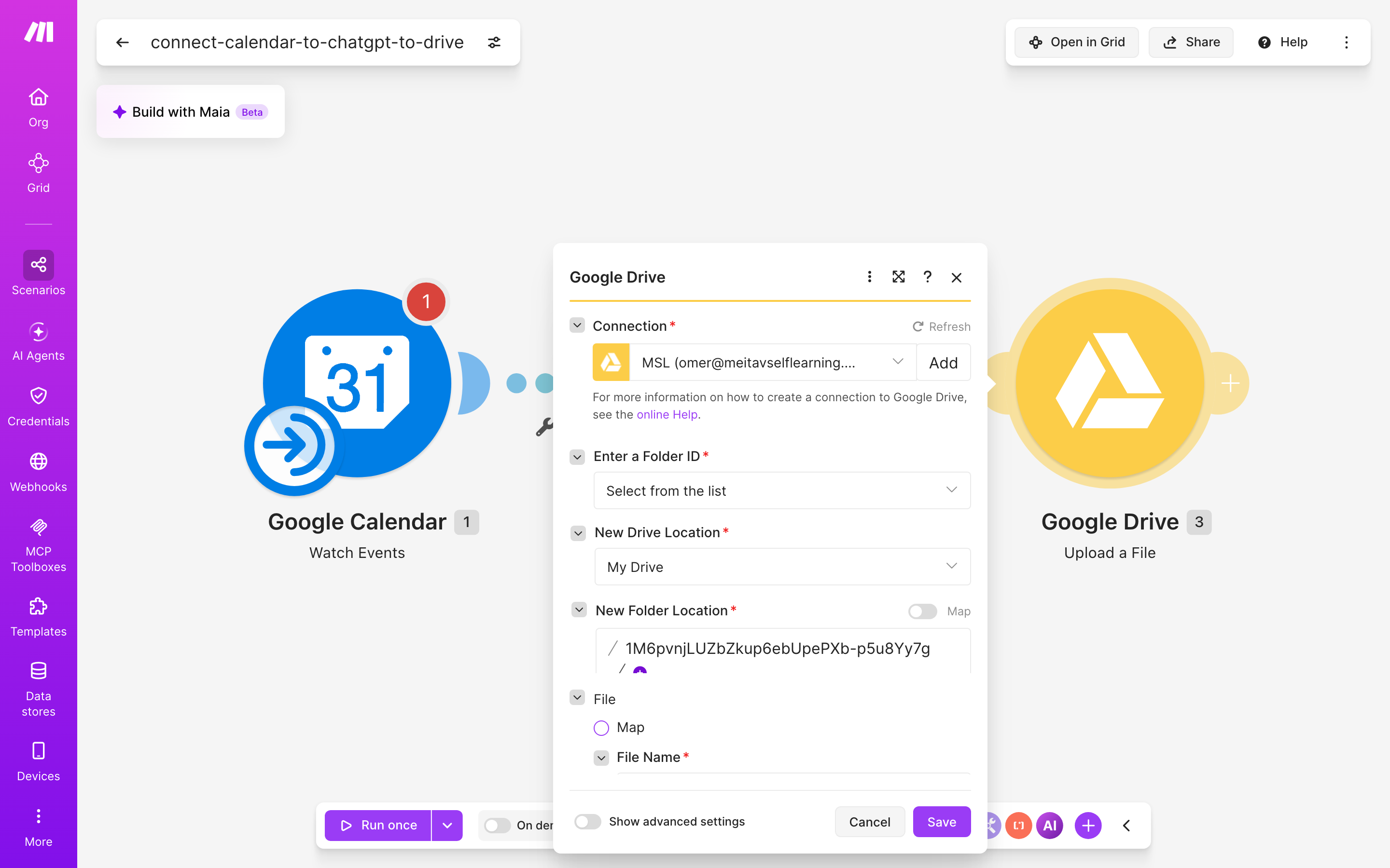 איך מחברים Google Calendar ל-Google Drive — אירוע חדש ביומן → ChatGPT מנסח בעברית → הקובץ נשמר בתיקייה 5 הגדרות המודול Google Drive — Upload a File