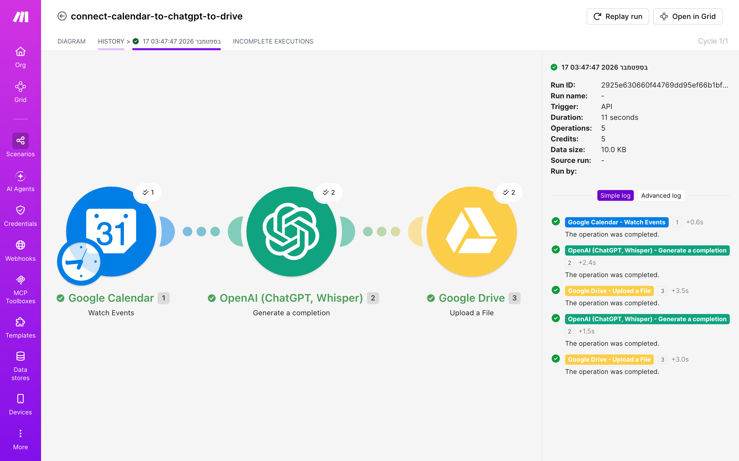 איך מחברים Google Calendar ל-Google Drive — אירוע חדש ביומן → ChatGPT מנסח בעברית → הקובץ נשמר בתיקייה 6 היסטוריית-הריצות: ריצה ירוקה, 5 פעולות, 17.9.2026