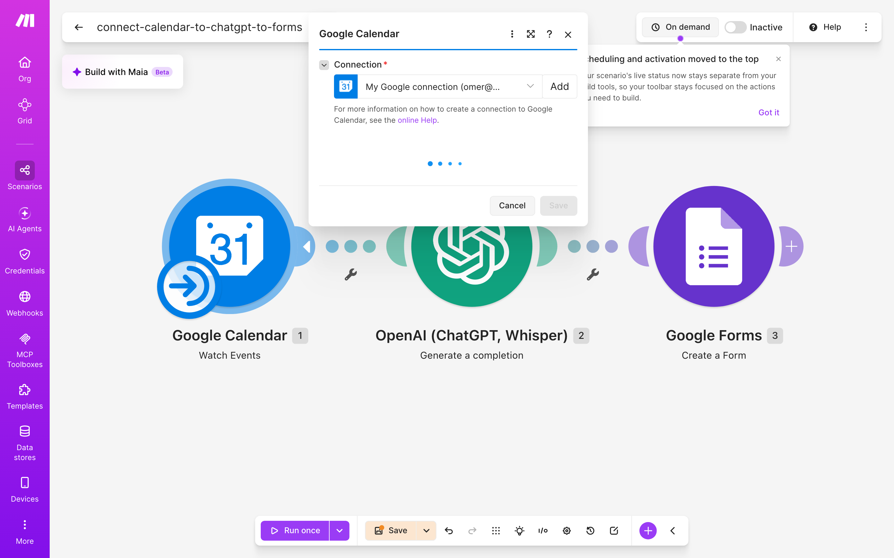 איך מחברים Google Calendar ל-Google Forms — אירוע חדש ביומן → ChatGPT מנסח בעברית → נוצר או עודכן טופס 3 הגדרות המודול Google Calendar — Watch Events