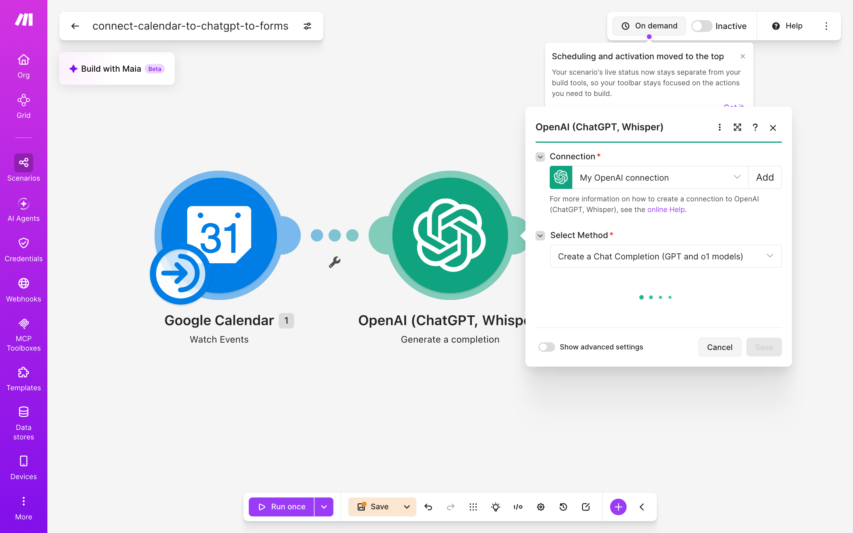 איך מחברים Google Calendar ל-Google Forms — אירוע חדש ביומן → ChatGPT מנסח בעברית → נוצר או עודכן טופס 4 הגדרות המודול ChatGPT — Generate a completion