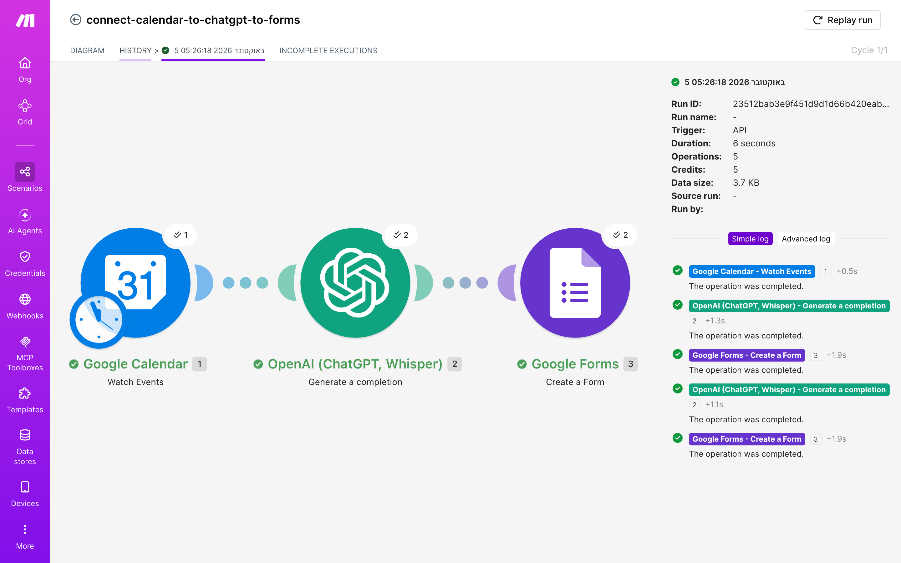 איך מחברים Google Calendar ל-Google Forms — אירוע חדש ביומן → ChatGPT מנסח בעברית → נוצר או עודכן טופס 6 היסטוריית-הריצות: ריצה ירוקה, 5 פעולות, 5.10.2026