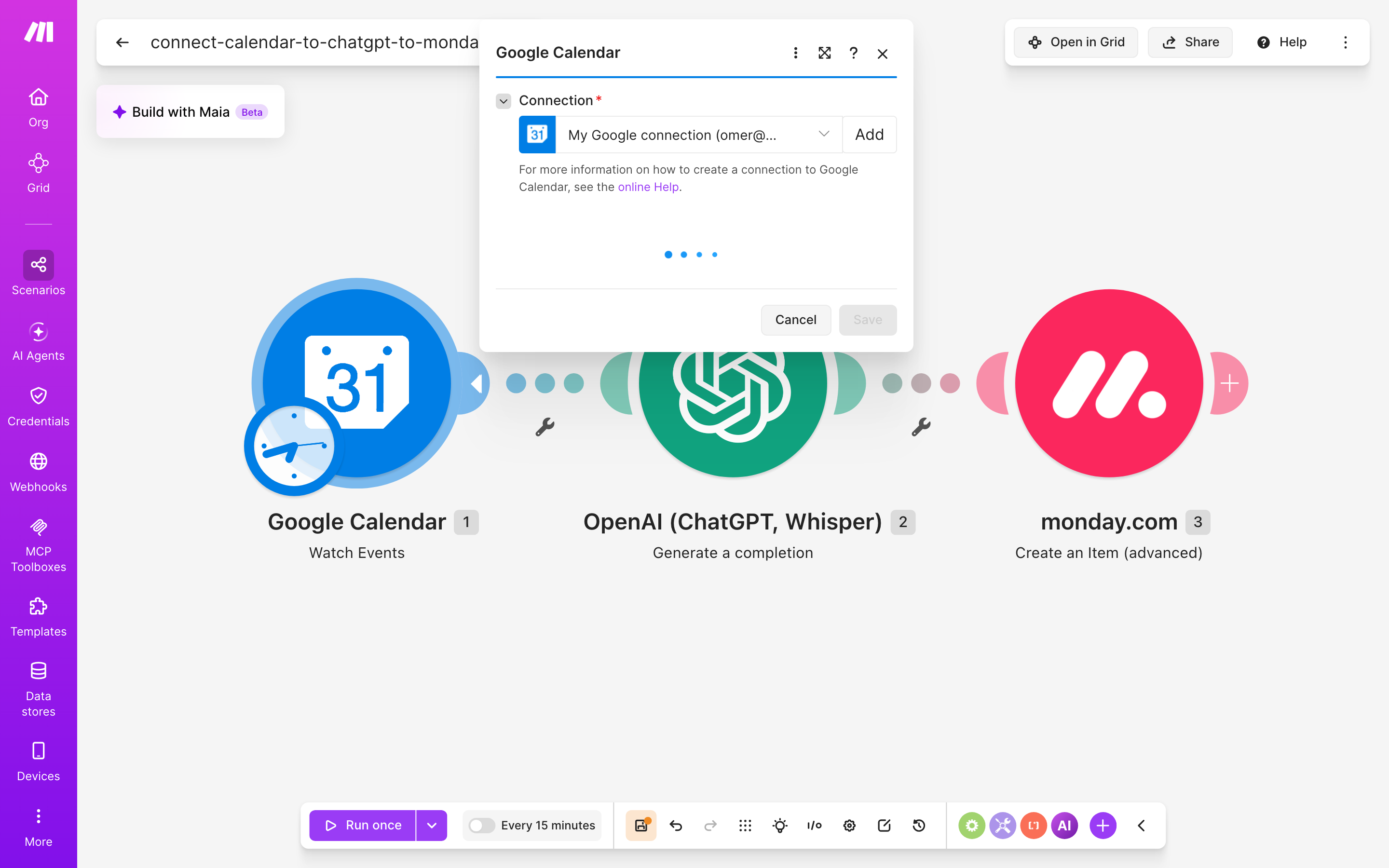 איך מחברים Google Calendar ל-monday.com — אירוע חדש ביומן → ChatGPT מנסח בעברית → נוצר פריט בלוח 3 הגדרות המודול Google Calendar — Watch Events