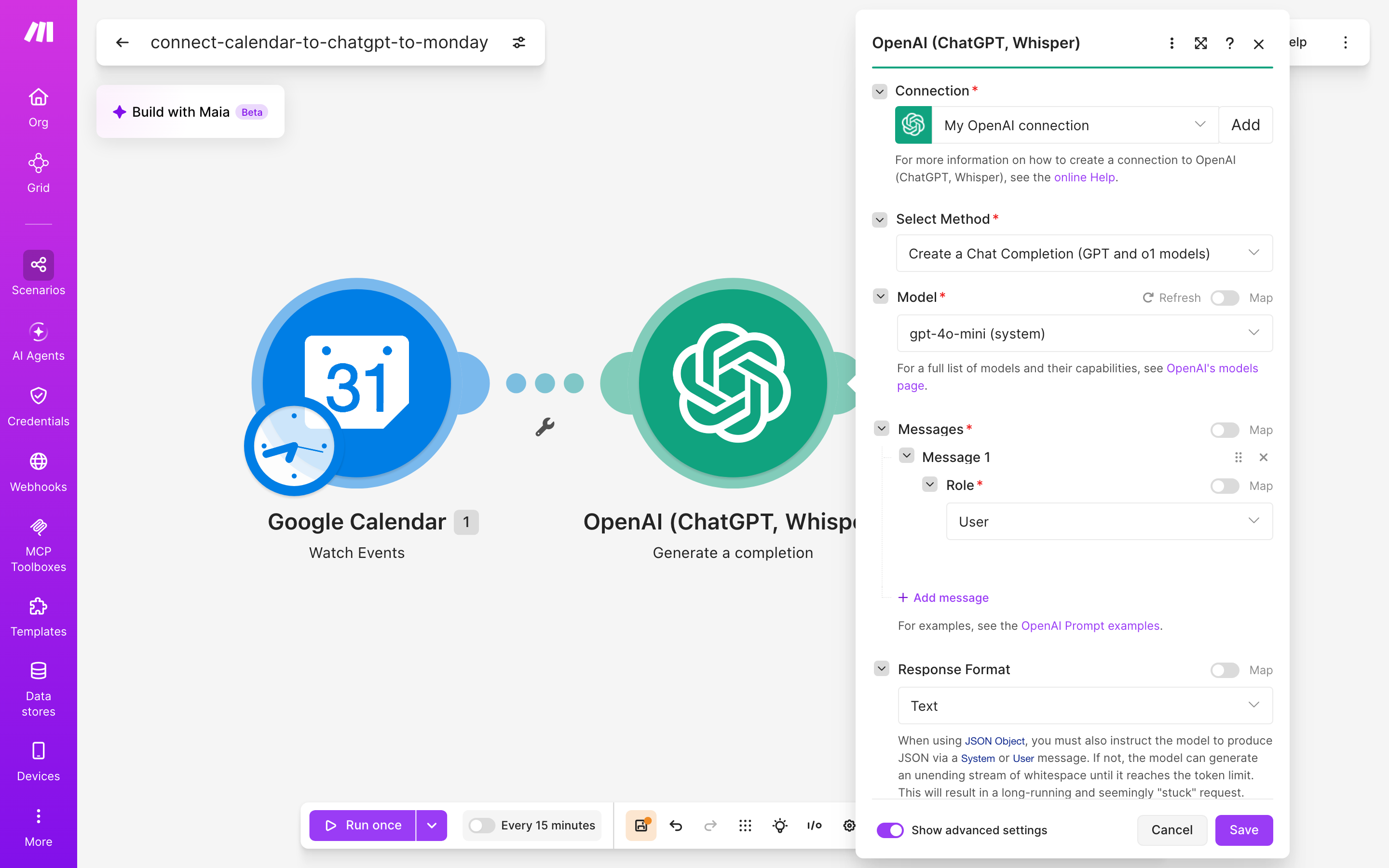 איך מחברים Google Calendar ל-monday.com — אירוע חדש ביומן → ChatGPT מנסח בעברית → נוצר פריט בלוח 4 הגדרות המודול ChatGPT — Generate a completion