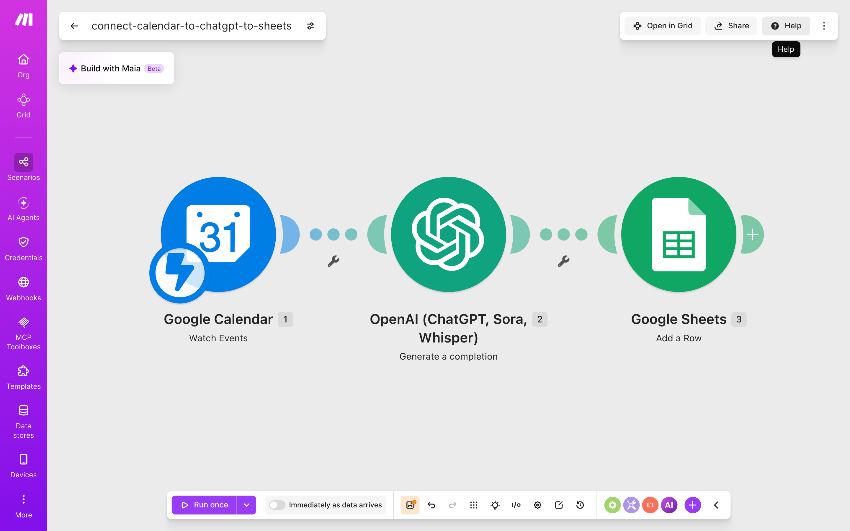 איך מחברים Google Calendar ל-Google Sheets — אירוע חדש ביומן → ChatGPT מנסח בעברית → נרשמת שורה בגיליון 2 עורך התרחיש — Google Calendar (Watch Events) → ChatGPT (Generate a completion) → Google Sheets (Add a Row)
