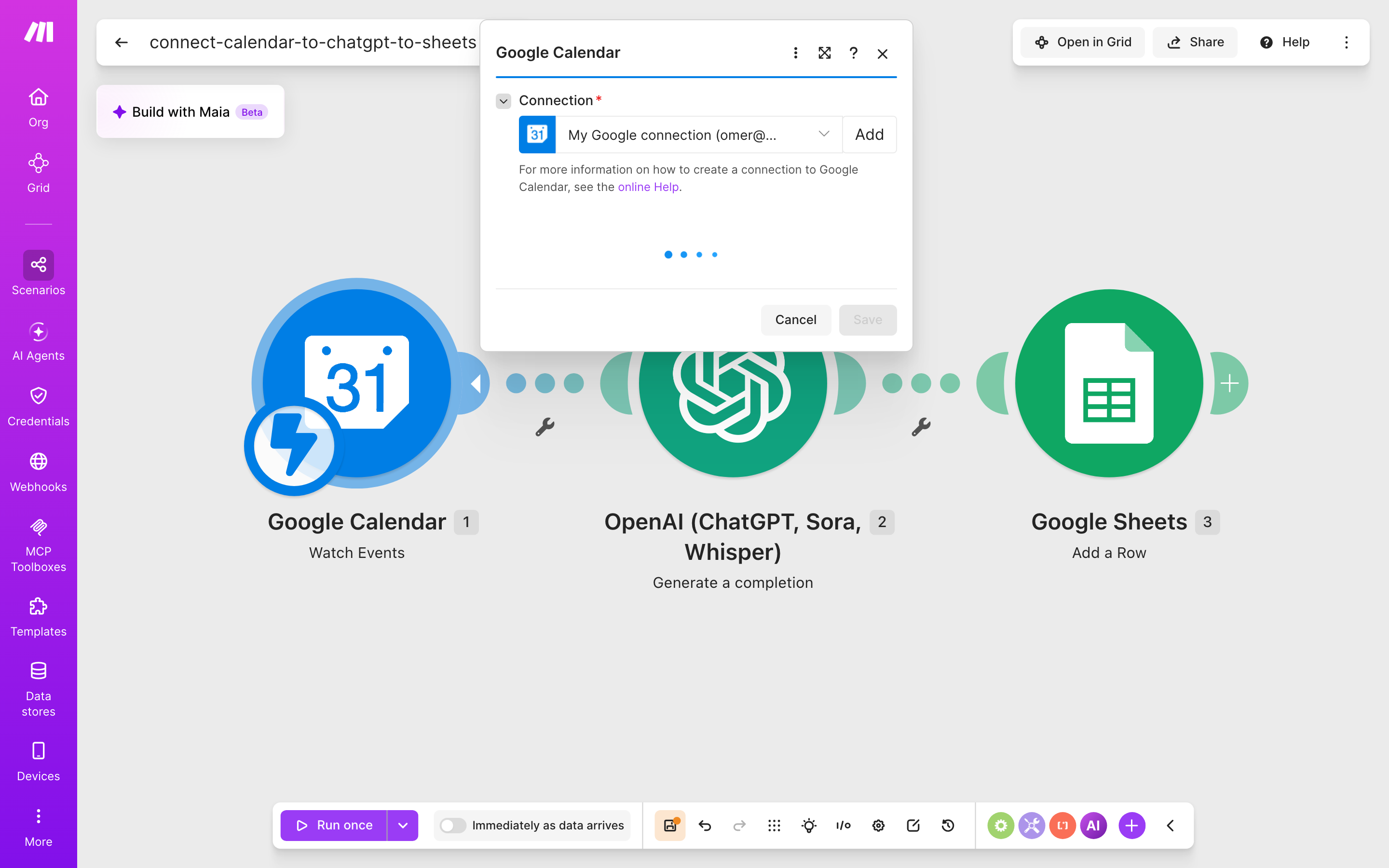 איך מחברים Google Calendar ל-Google Sheets — אירוע חדש ביומן → ChatGPT מנסח בעברית → נרשמת שורה בגיליון 3 הגדרות המודול Google Calendar — Watch Events