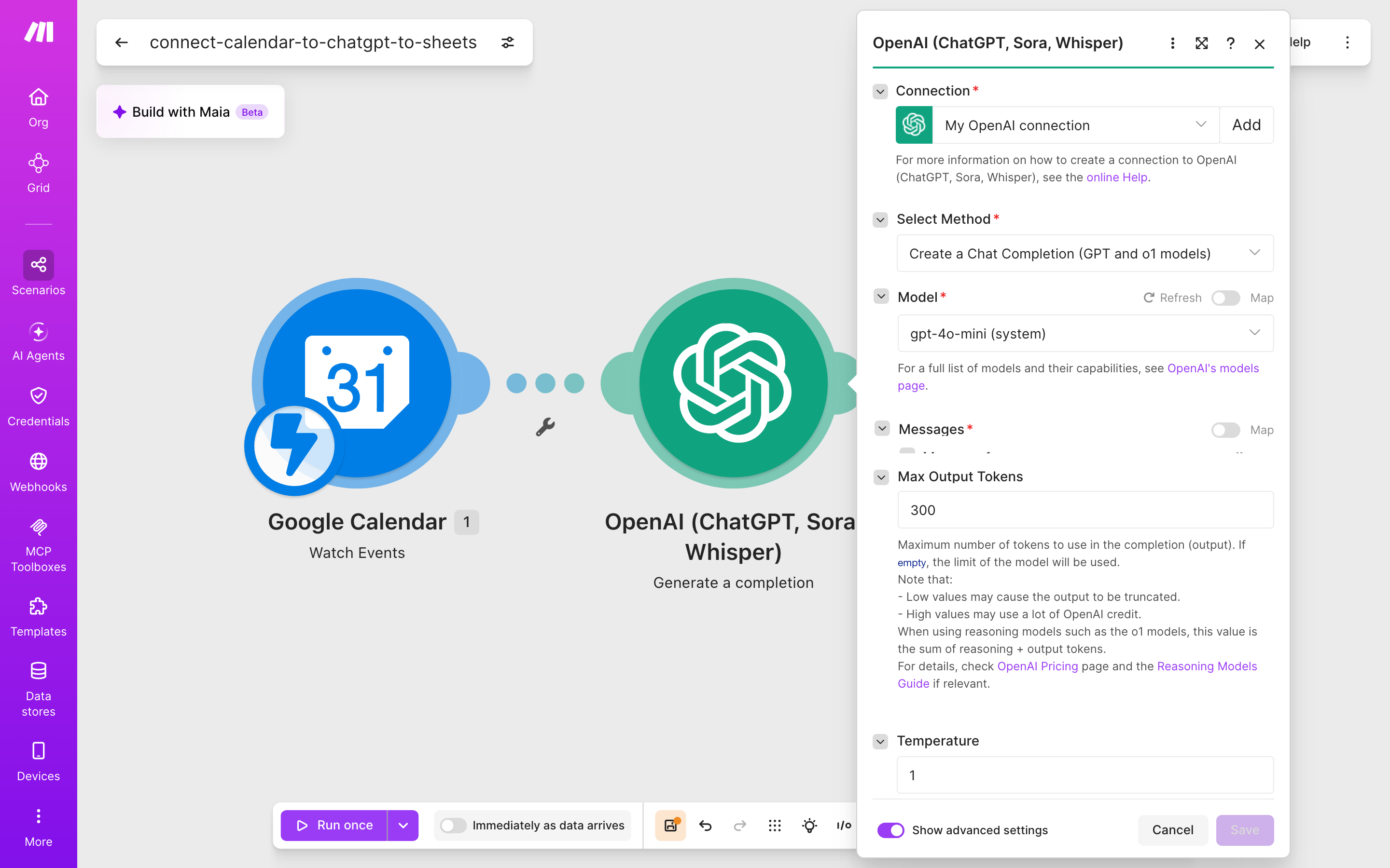 איך מחברים Google Calendar ל-Google Sheets — אירוע חדש ביומן → ChatGPT מנסח בעברית → נרשמת שורה בגיליון 4 הגדרות המודול ChatGPT — Generate a completion