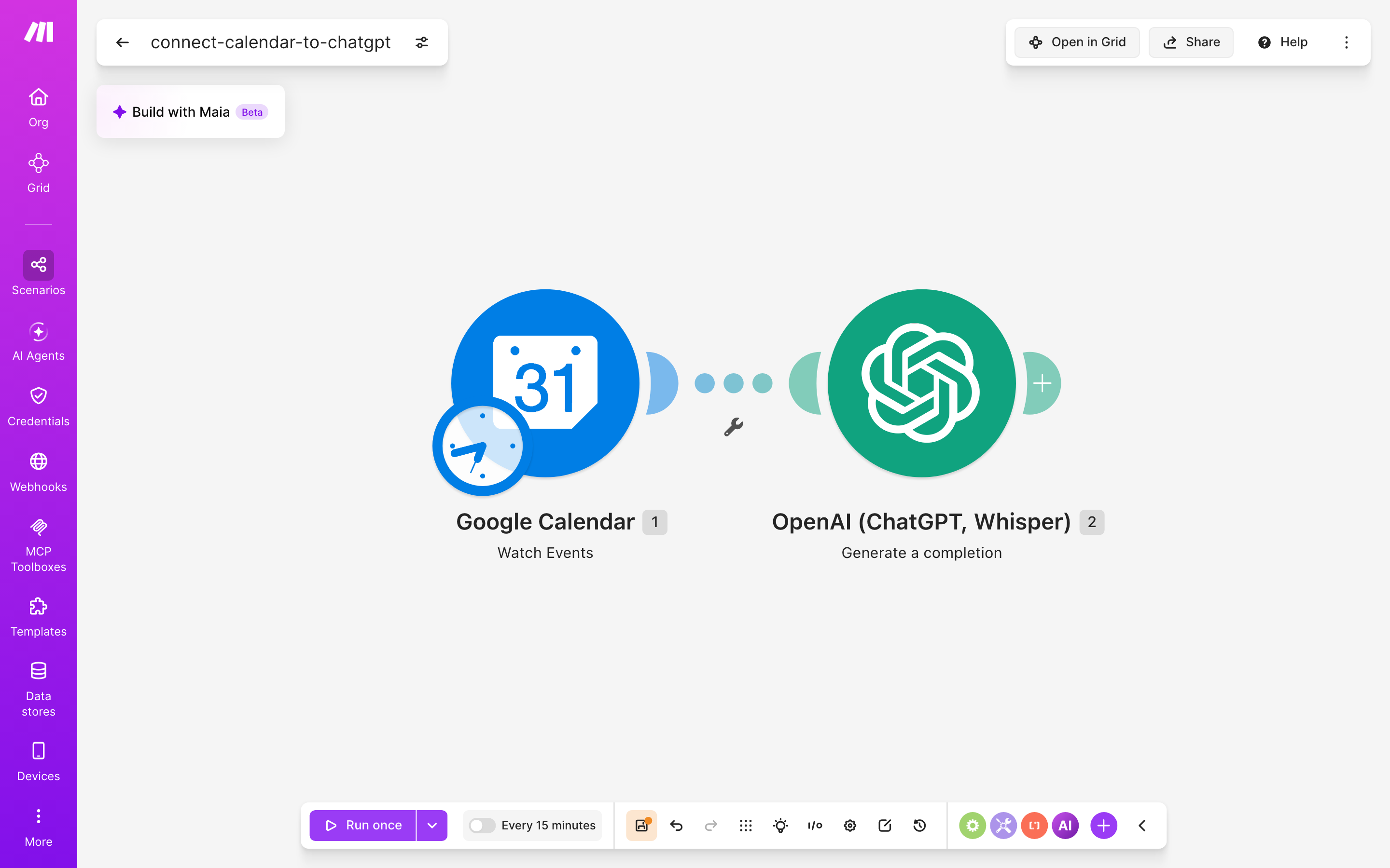 עורך התרחיש — Google Calendar (Watch Events) → ChatGPT (Generate a completion)