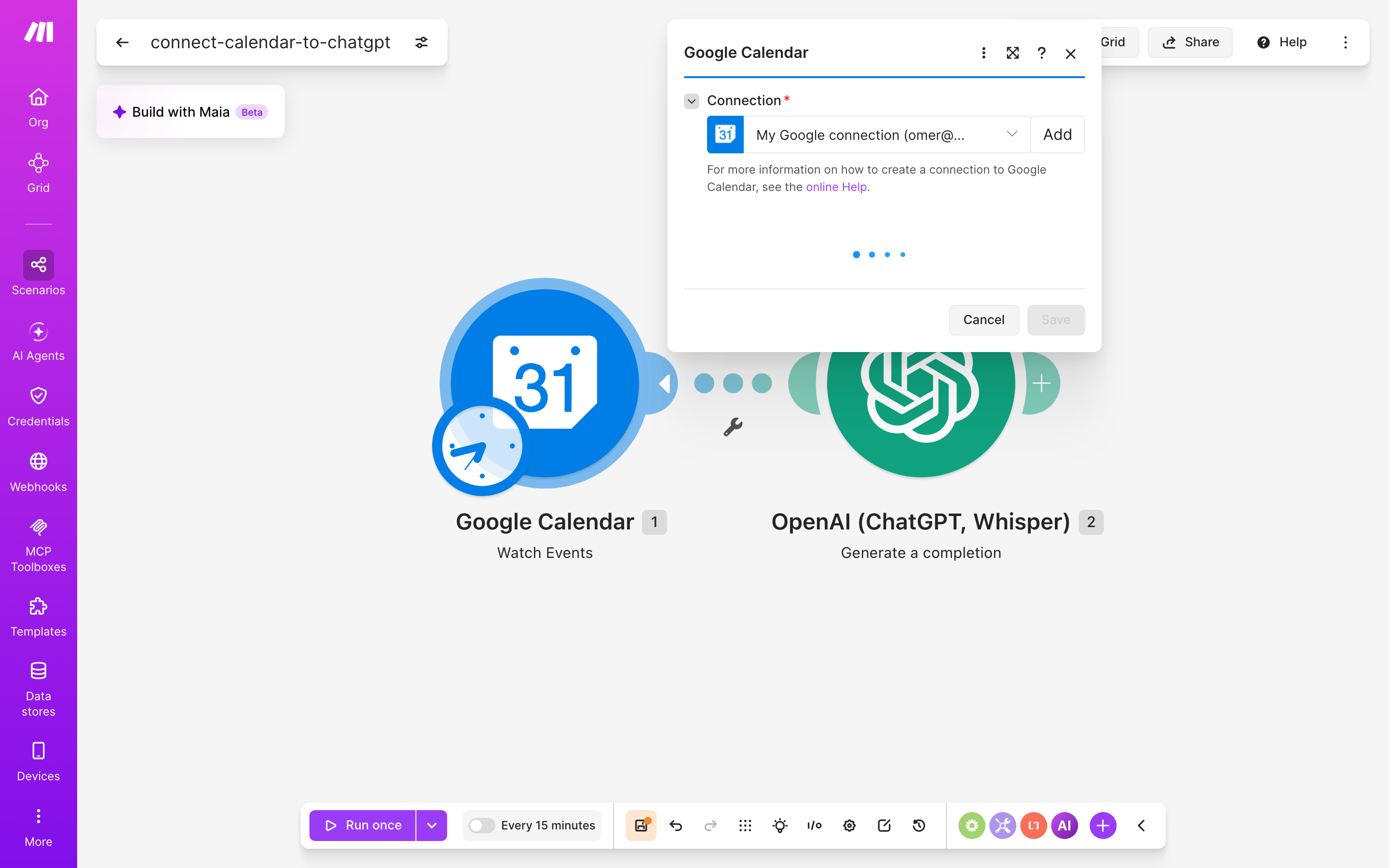 איך מחברים Google Calendar ל-ChatGPT — אירוע חדש ביומן → ChatGPT מסכם ומנסח בעברית 3 הגדרות המודול Google Calendar — Watch Events