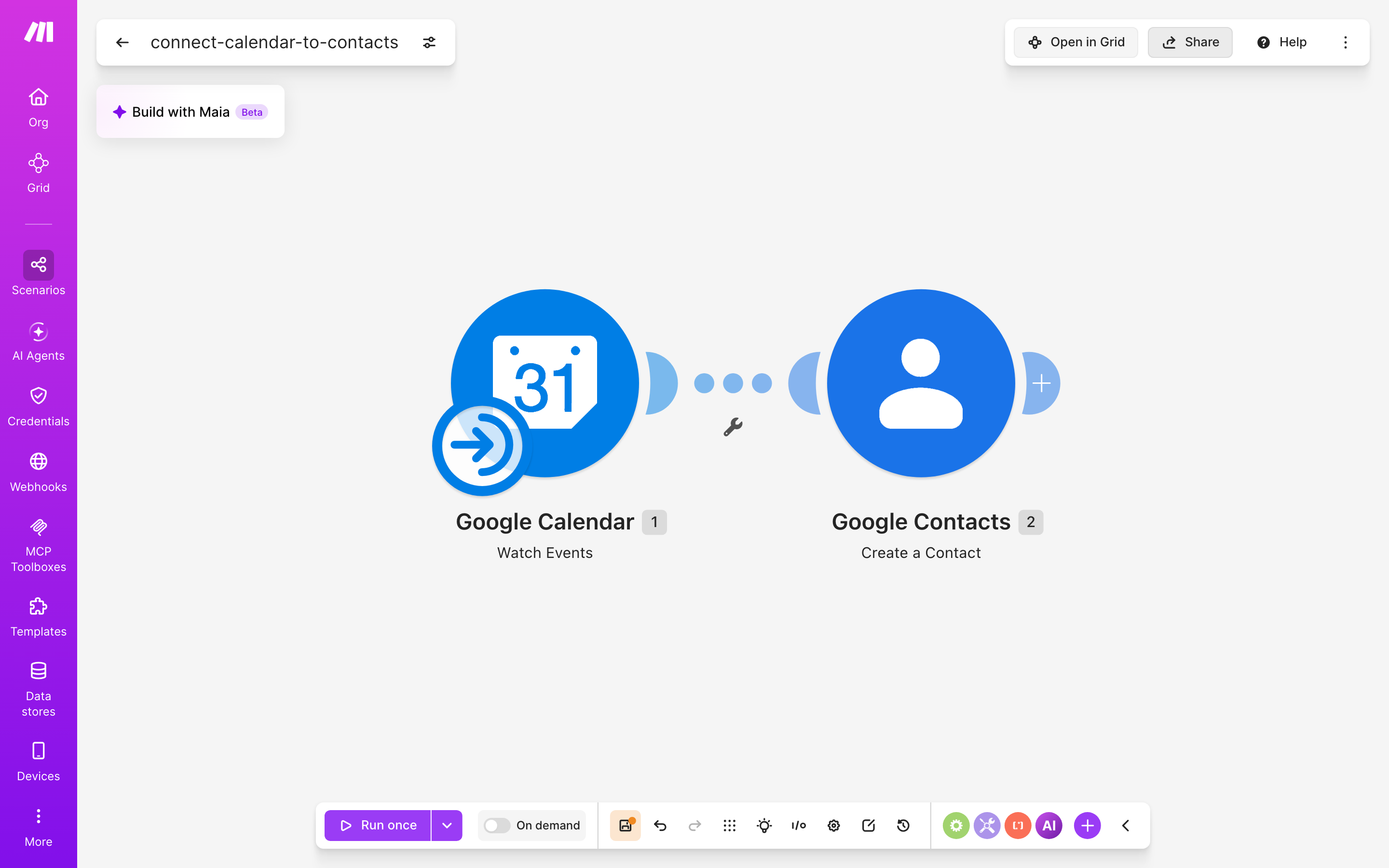 איך מחברים Google Calendar ל-contacts — אירוע חדש ביומן → נוצר איש-קשר 2 עורך התרחיש — Google Calendar (Watch Events) → google-contacts (Create Acontact)