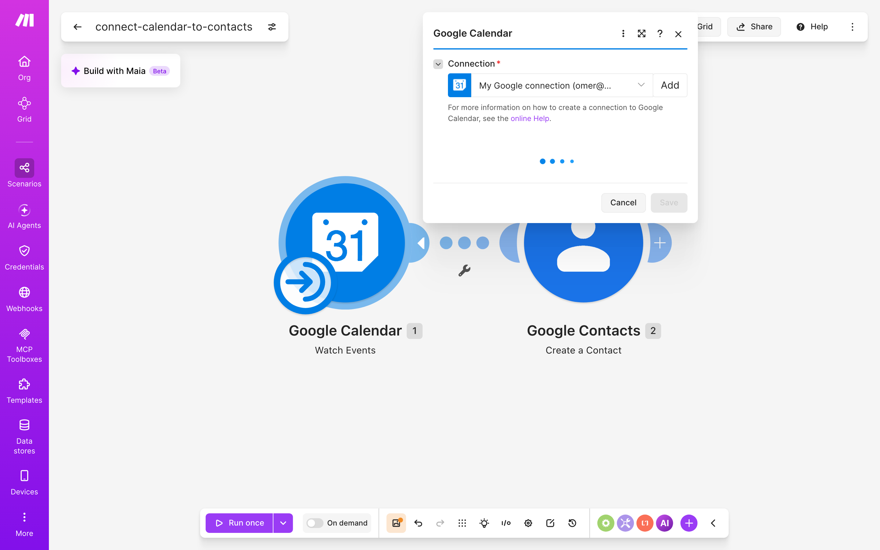 איך מחברים Google Calendar ל-contacts — אירוע חדש ביומן → נוצר איש-קשר 3 הגדרות המודול Google Calendar — Watch Events