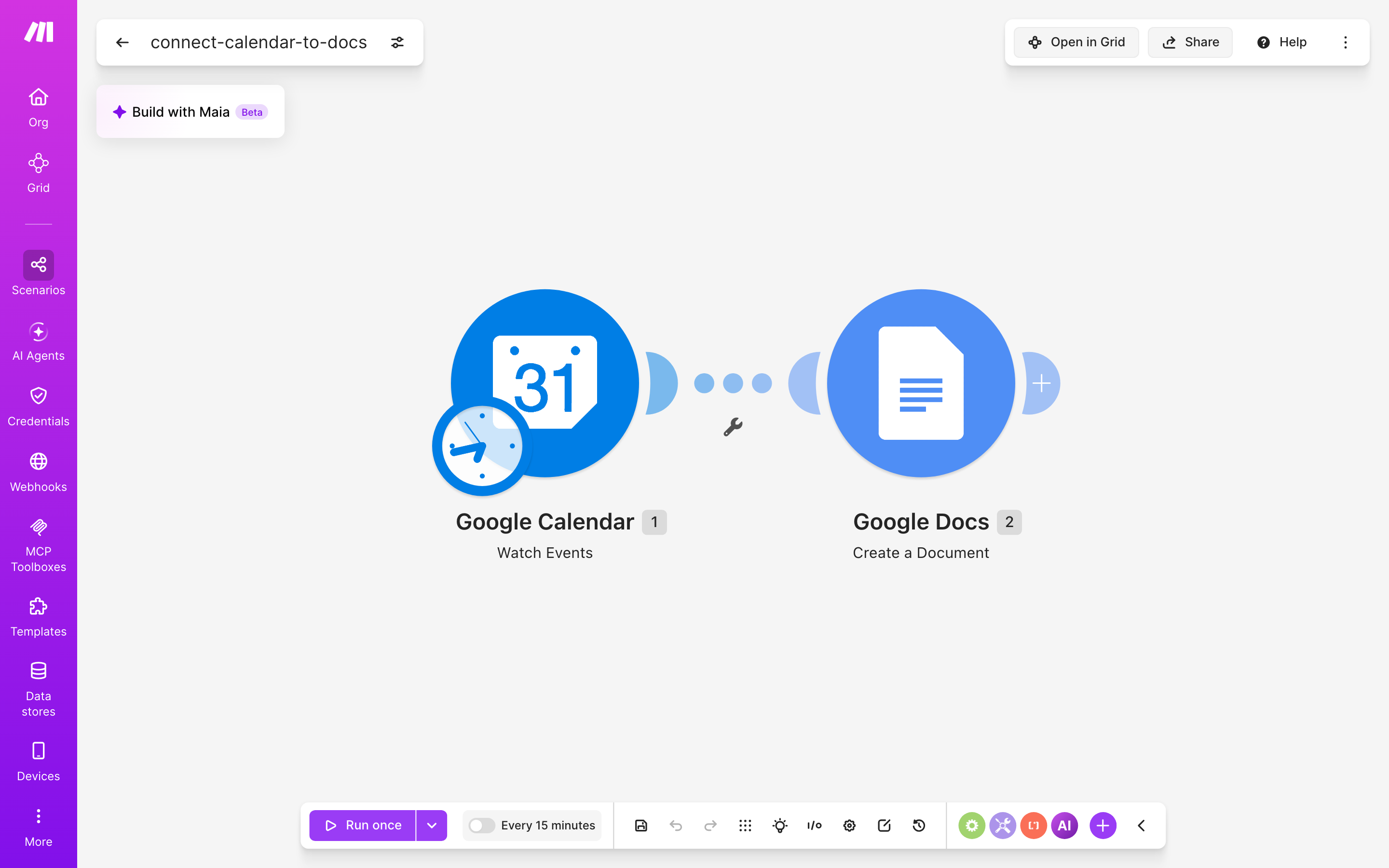 איך מחברים Google Calendar ל-Google Docs — אירוע חדש ביומן → נוצר מסמך מוכן 2 עורך התרחיש — Google Calendar (Watch Events) → Google Docs (Create a Document)