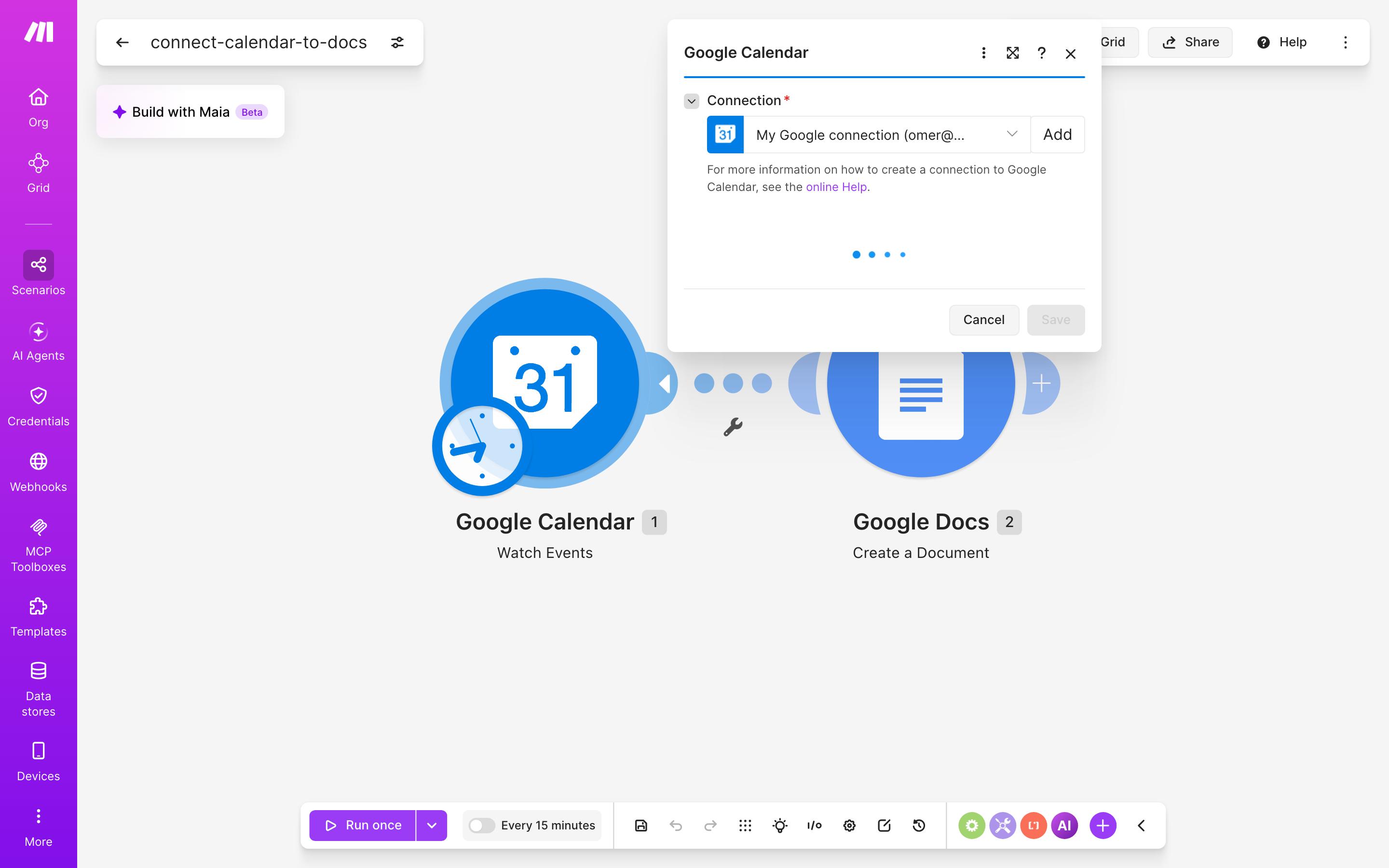 איך מחברים Google Calendar ל-Google Docs — אירוע חדש ביומן → נוצר מסמך מוכן 3 הגדרות המודול Google Calendar — Watch Events