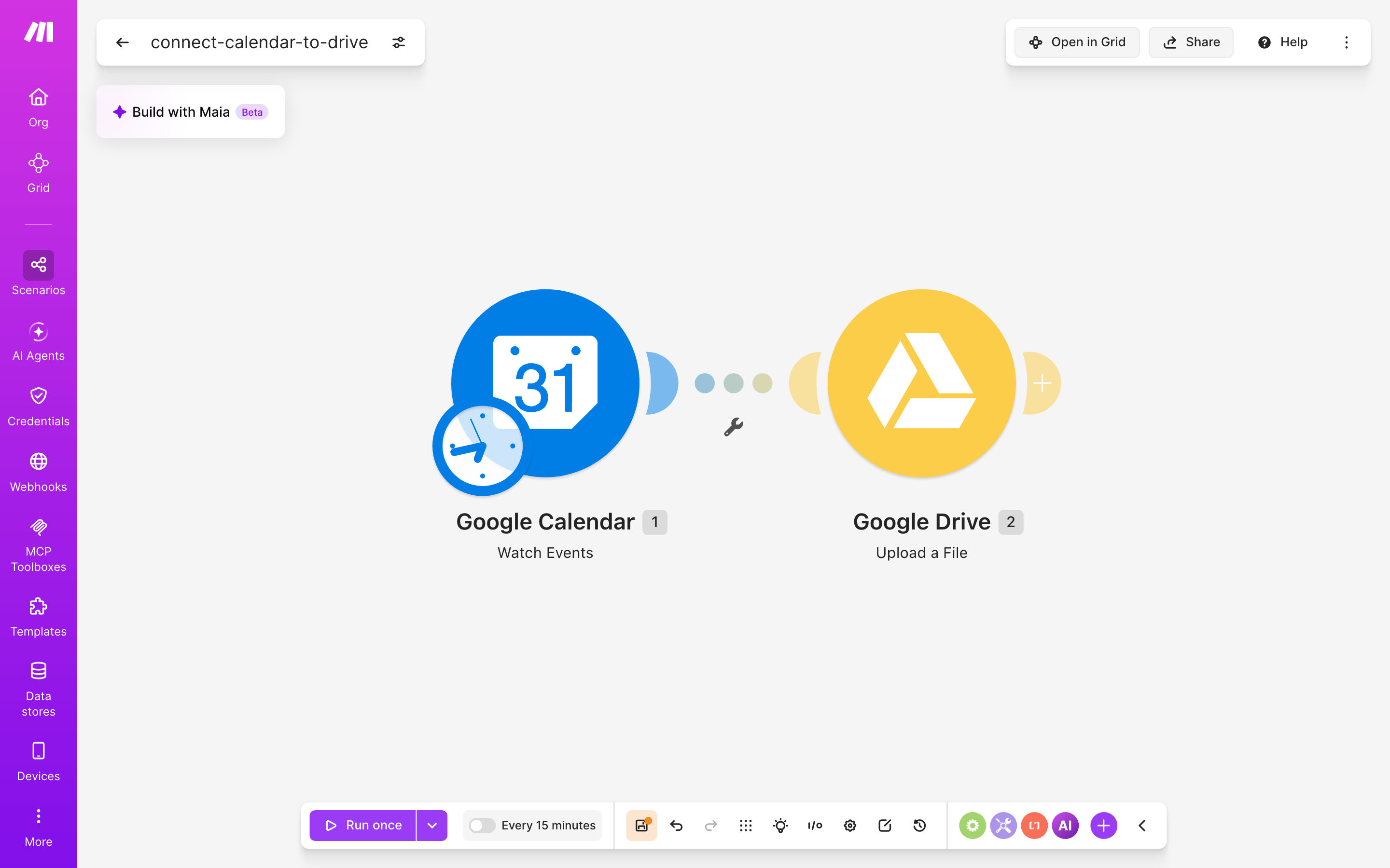 עורך התרחיש — Google Calendar (Watch Events) → Google Drive (Upload a File)