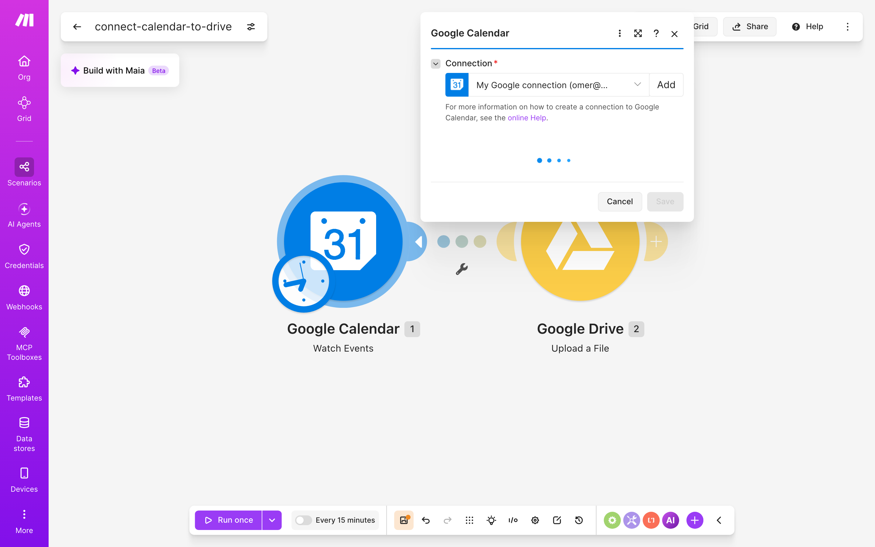 איך מחברים Google Calendar ל-Google Drive — אירוע חדש ביומן → הקובץ נשמר בתיקייה 3 הגדרות המודול Google Calendar — Watch Events