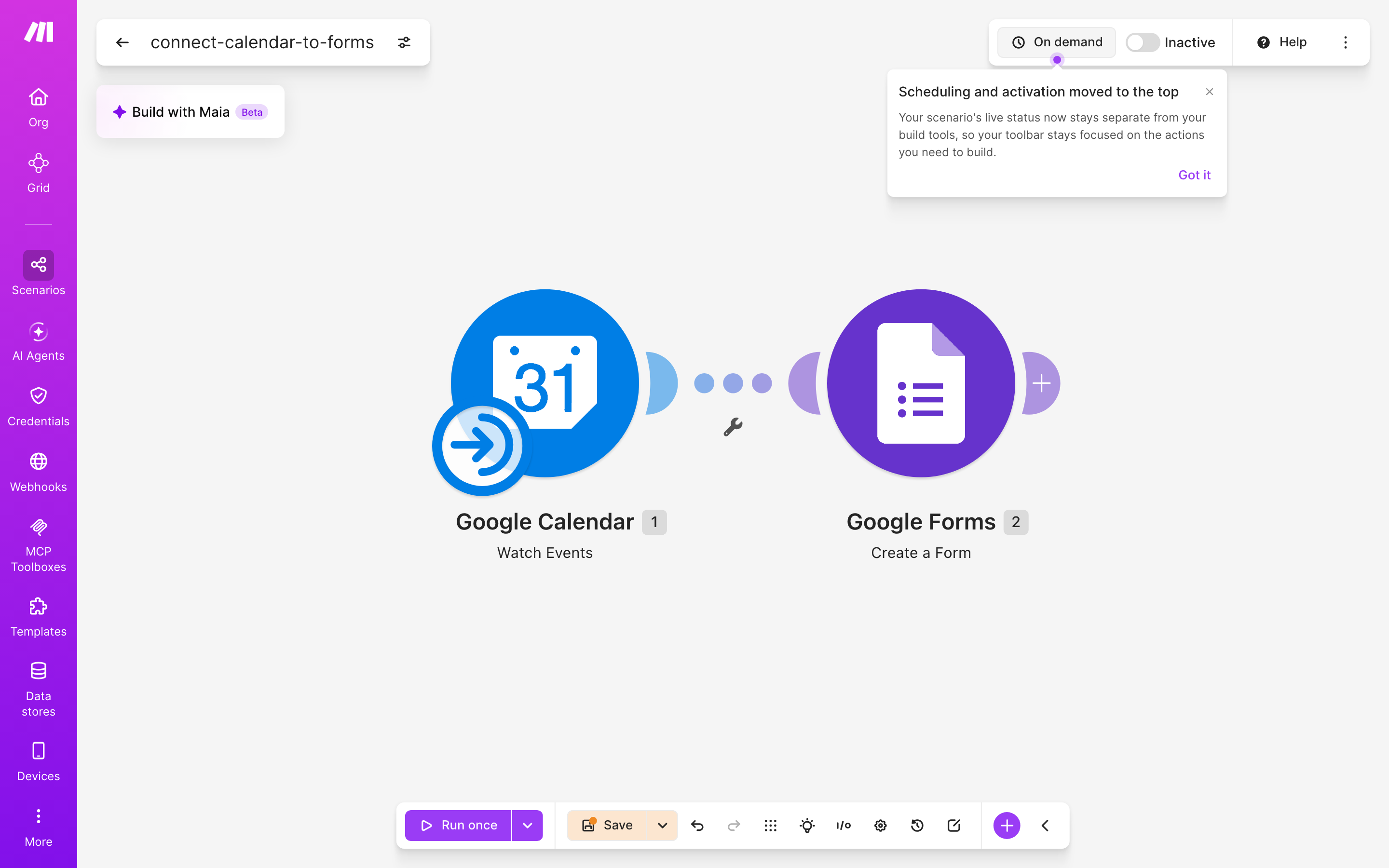 איך מחברים Google Calendar ל-Google Forms — אירוע חדש ביומן → נוצר או עודכן טופס 2 עורך התרחיש — Google Calendar (Watch Events) → google-forms (Create Form)