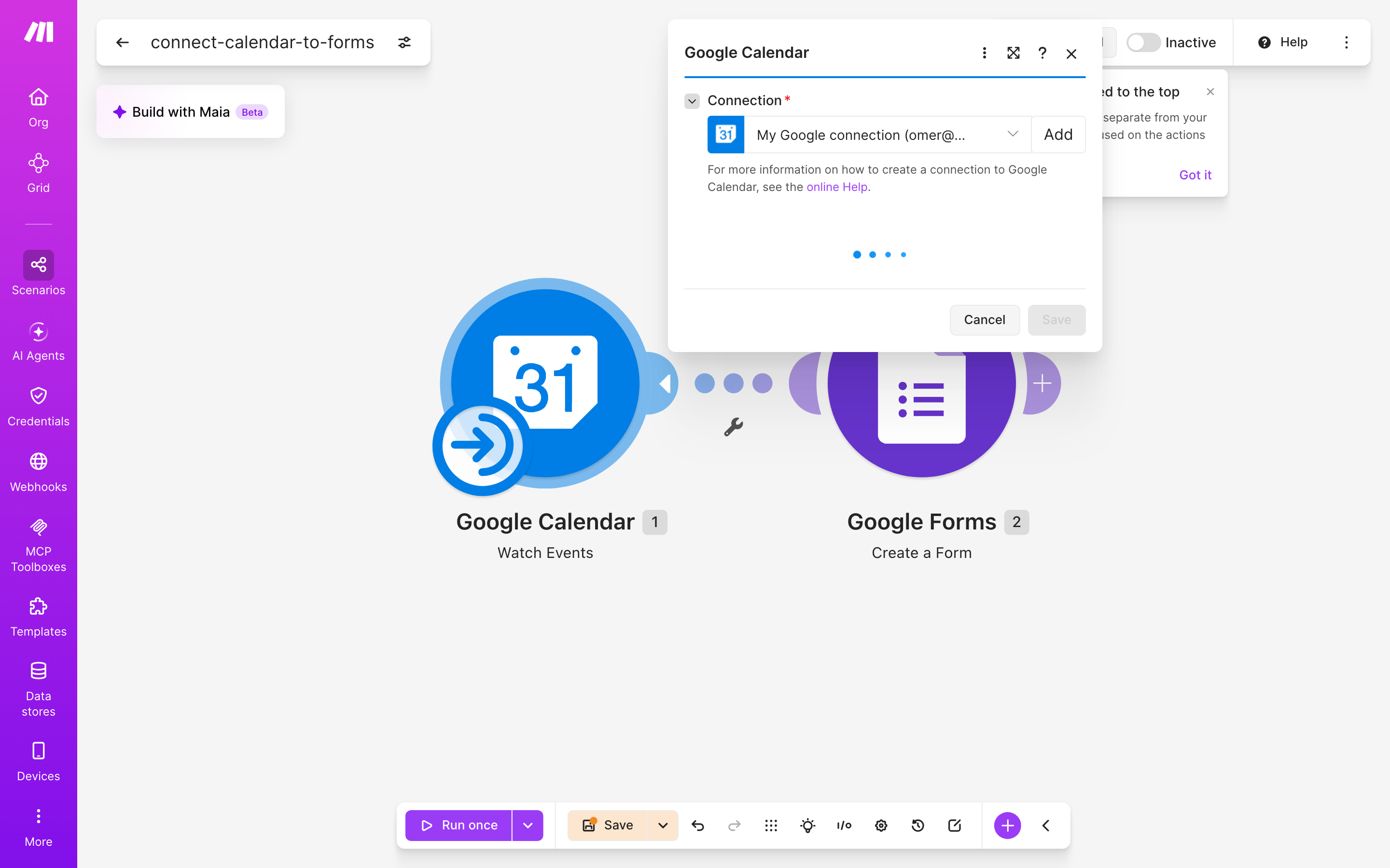 איך מחברים Google Calendar ל-Google Forms — אירוע חדש ביומן → נוצר או עודכן טופס 3 הגדרות המודול Google Calendar — Watch Events