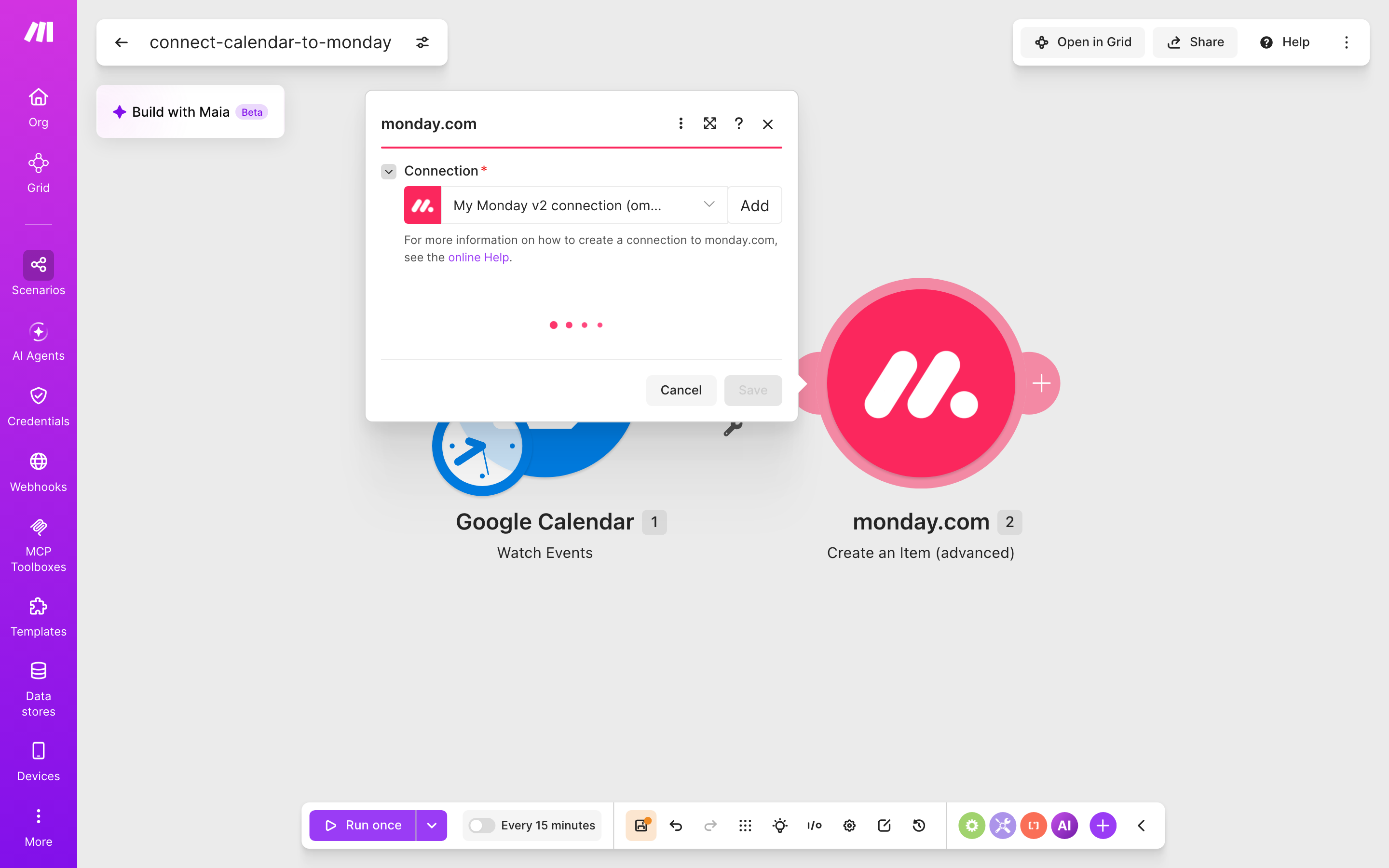 איך מחברים Google Calendar ל-monday.com — אירוע חדש ביומן → נוצר פריט בלוח 4 הגדרות המודול monday.com — Create an Item (advanced): חיבור: My Monday v2 connection