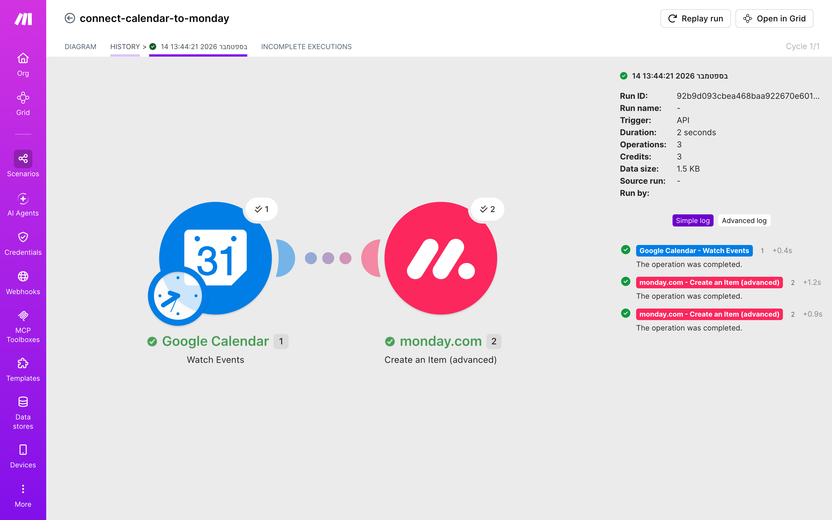 איך מחברים Google Calendar ל-monday.com — אירוע חדש ביומן → נוצר פריט בלוח 5 היסטוריית-הריצות: ריצה ירוקה, 3 פעולות, 14.9.2026
