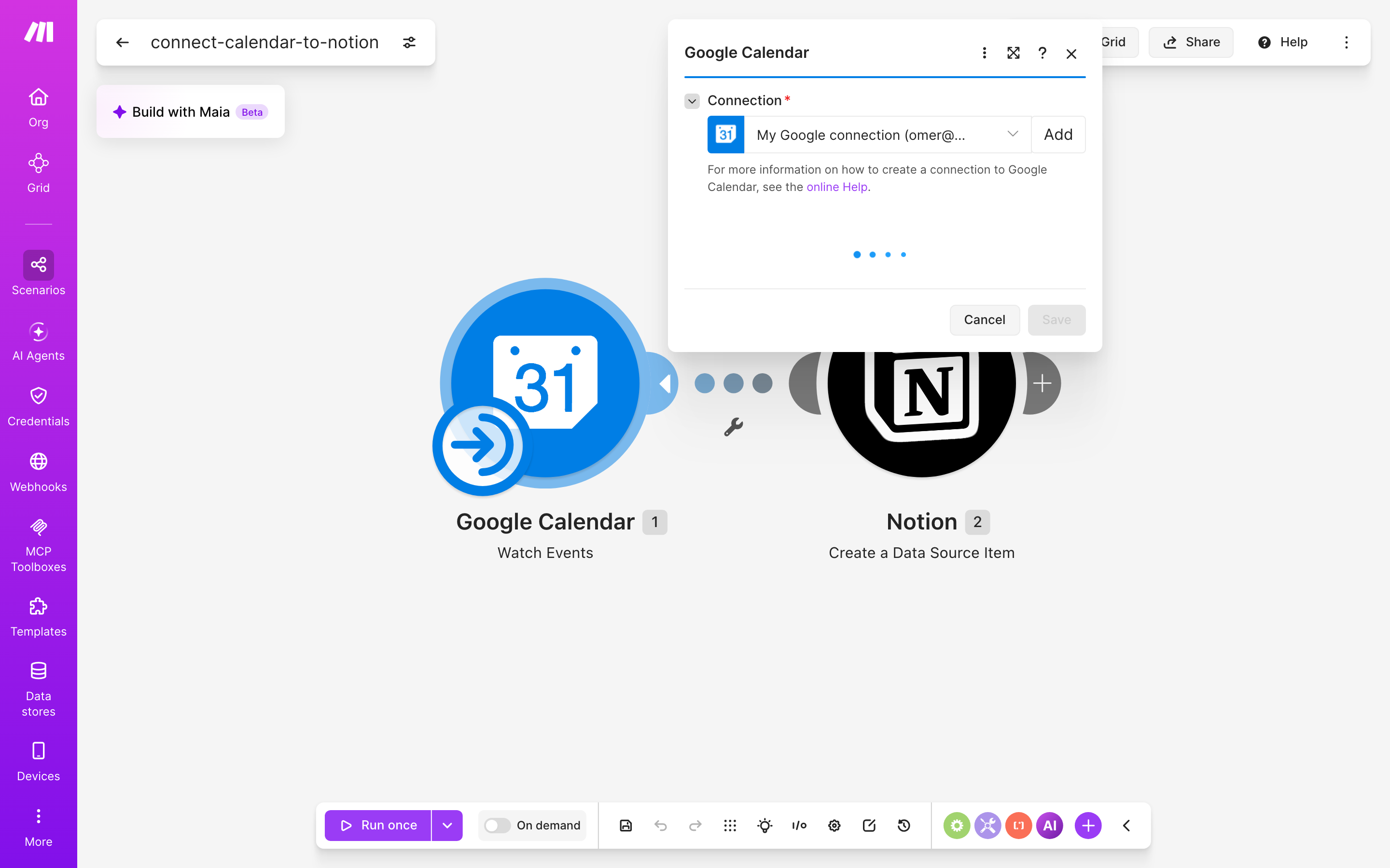 איך מחברים Google Calendar ל-Notion — אירוע חדש ביומן → נוצר פריט בדאטהבייס 3 הגדרות המודול Google Calendar — Watch Events