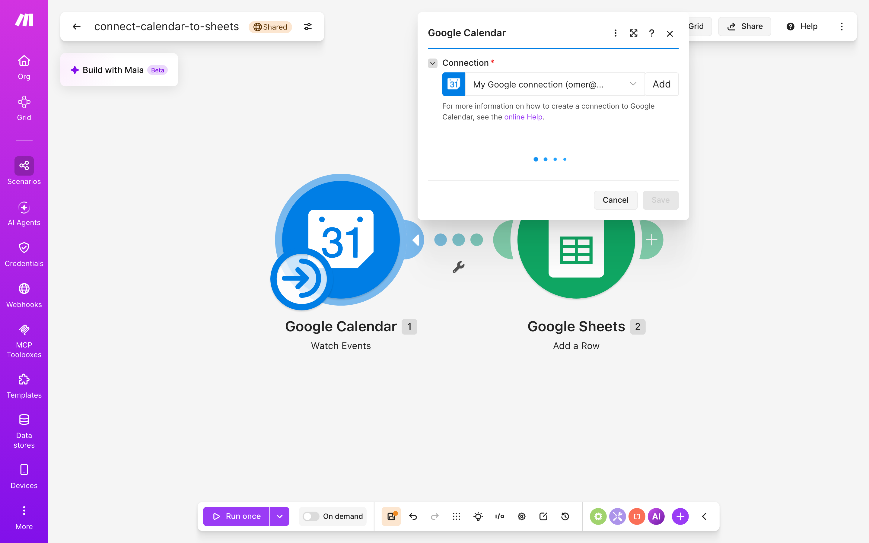 איך מחברים Google Calendar ל-Google Sheets — אירוע חדש ביומן → נרשמת שורה בגיליון 3 הגדרות המודול Google Calendar — Watch Events: חיבור: My Google connection