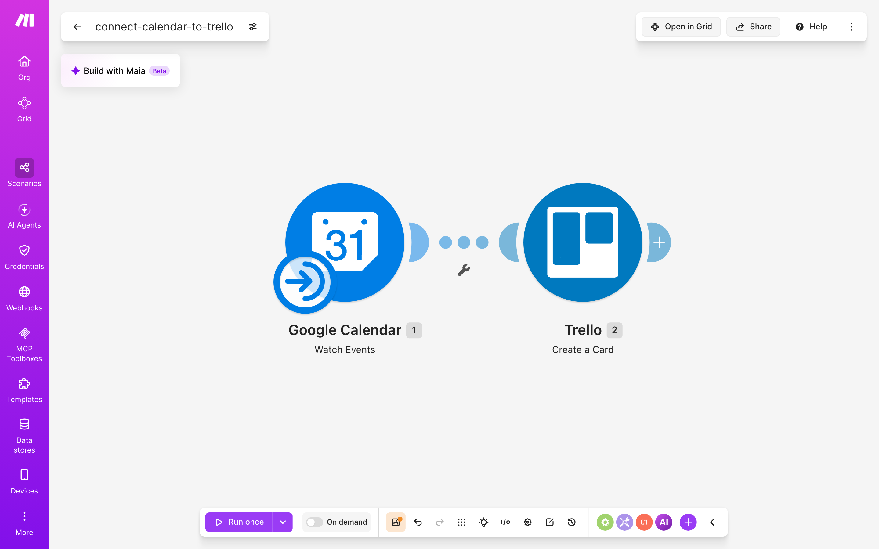 עורך התרחיש — Google Calendar (Watch Events) → Trello (Create a Card)