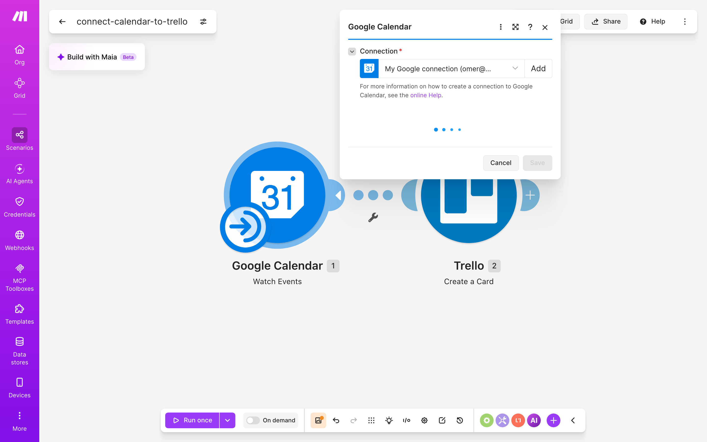 איך מחברים Google Calendar ל-Trello — אירוע חדש ביומן → נוצר כרטיס בלוח 3 הגדרות המודול Google Calendar — Watch Events
