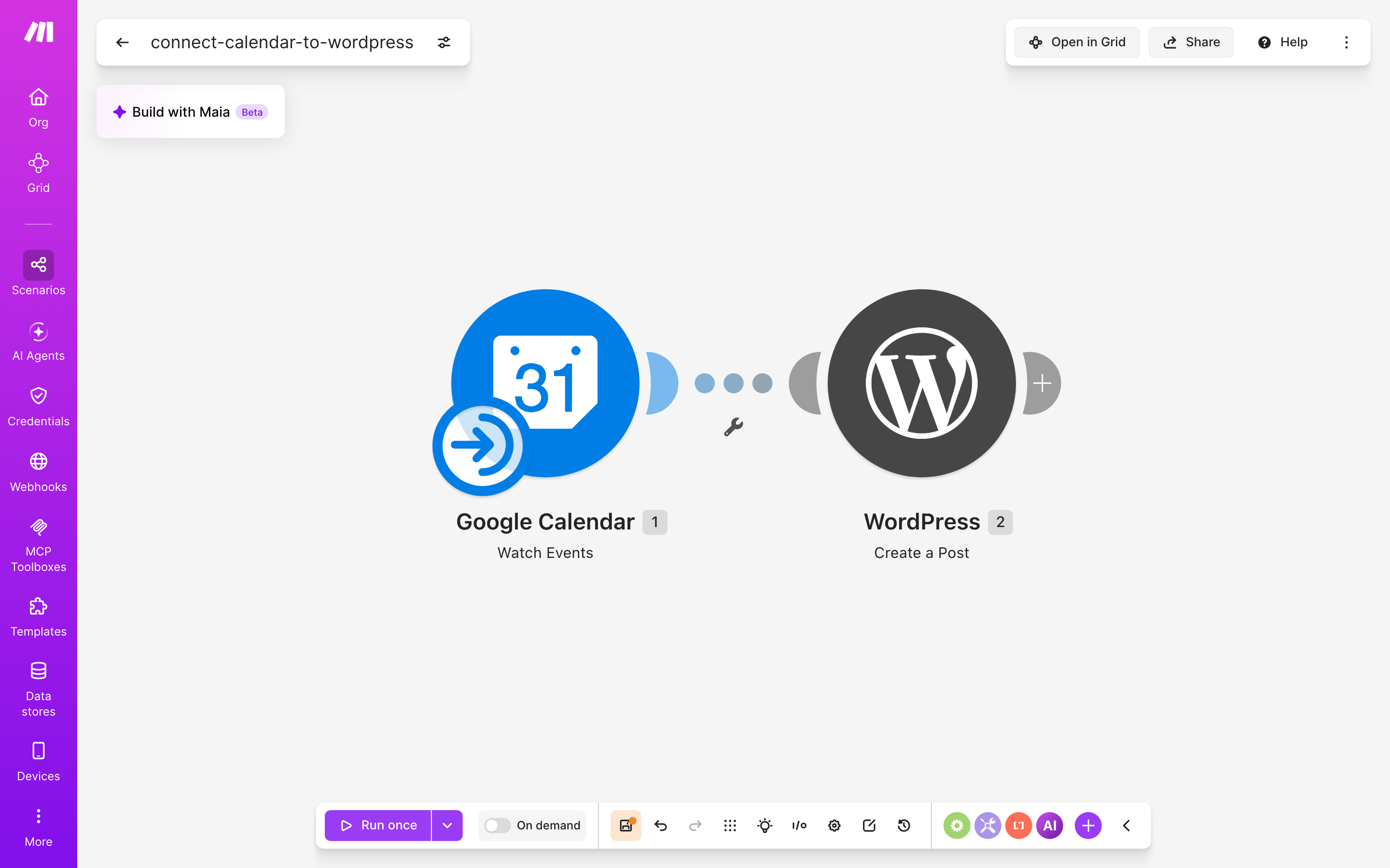 איך מחברים Google Calendar ל-WordPress — אירוע חדש ביומן → נוצר פוסט באתר 2 עורך התרחיש — Google Calendar (Watch Events) → WordPress (Create a Post)