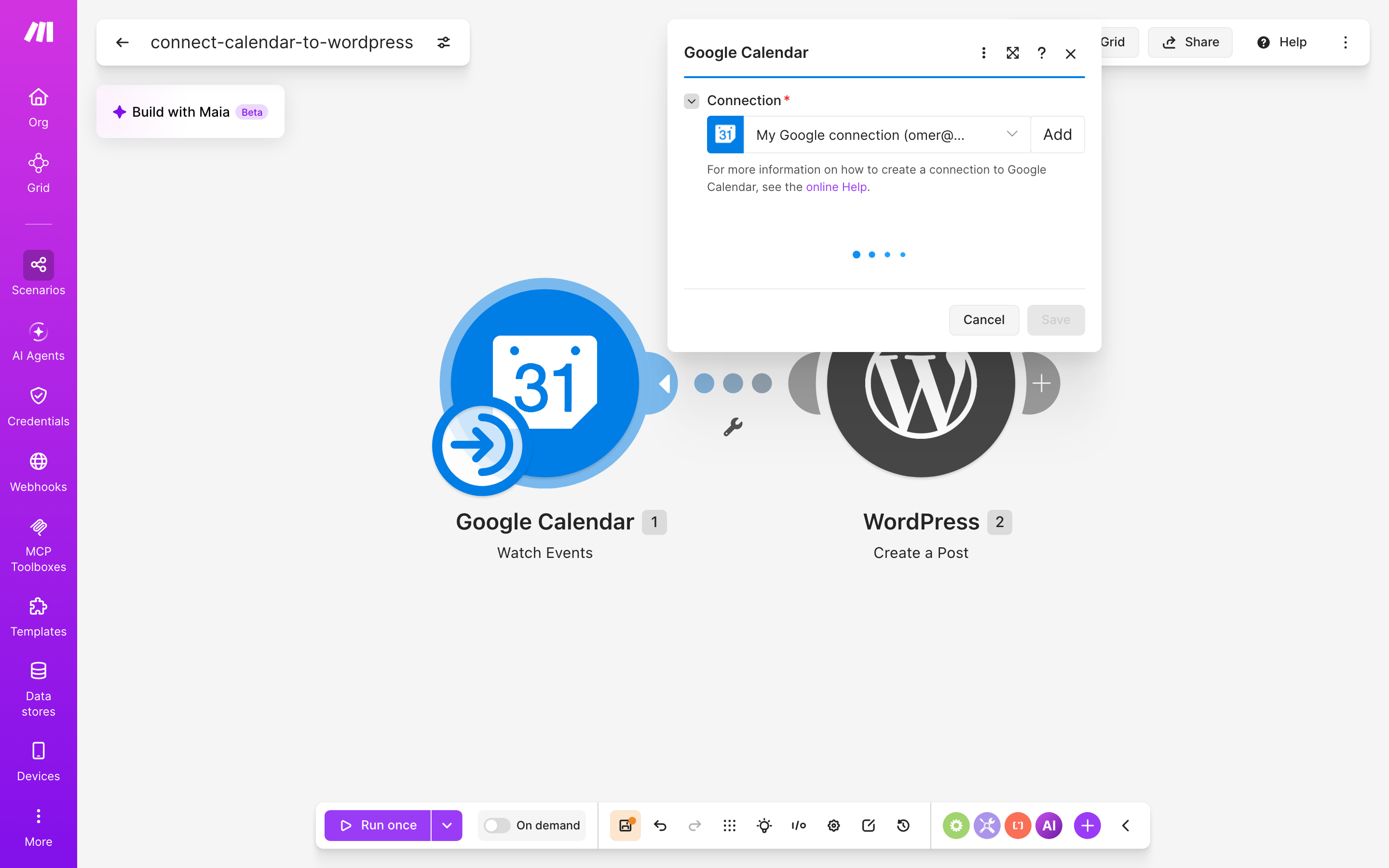 איך מחברים Google Calendar ל-WordPress — אירוע חדש ביומן → נוצר פוסט באתר 3 הגדרות המודול Google Calendar — Watch Events