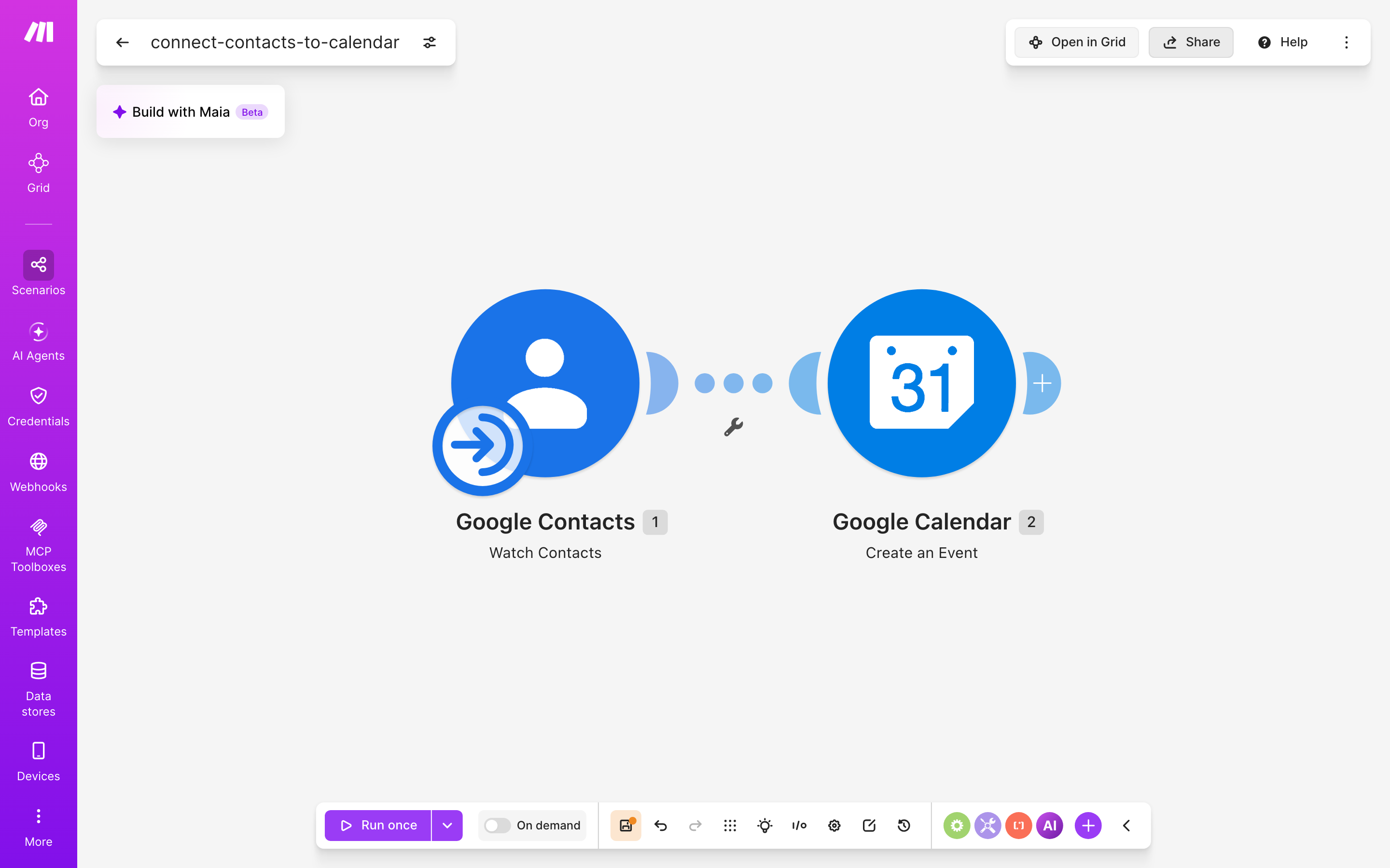איך מחברים contacts ל-Google Calendar — איש-קשר חדש → נוצר אירוע ביומן 2 עורך התרחיש — google-contacts (Watch Contacts) → Google Calendar (Create an Event)