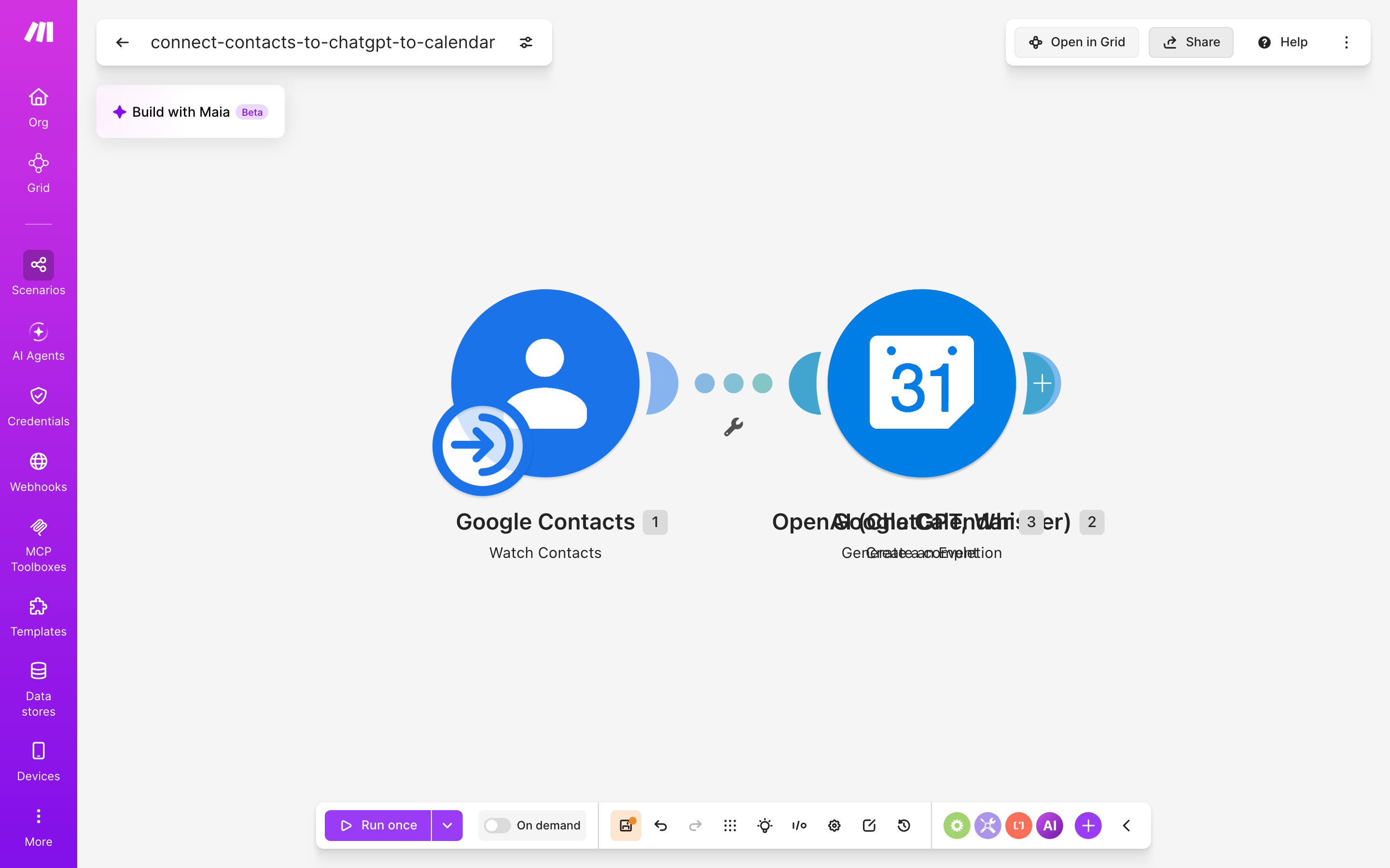 איך מחברים contacts ל-Google Calendar — איש-קשר חדש → ChatGPT מנסח בעברית → נוצר אירוע ביומן 2 עורך התרחיש — google-contacts (Watch Contacts) → ChatGPT (Generate a completion) → Google Calendar (Create an Event)