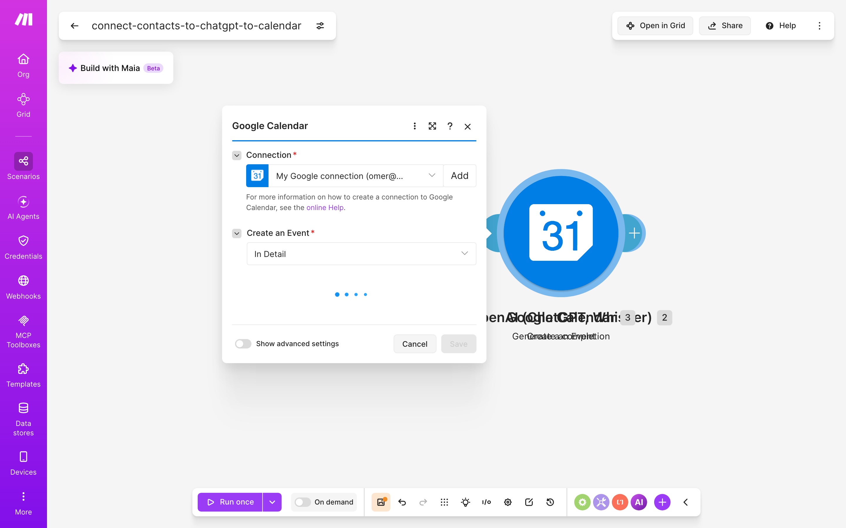 איך מחברים contacts ל-Google Calendar — איש-קשר חדש → ChatGPT מנסח בעברית → נוצר אירוע ביומן 5 הגדרות המודול Google Calendar — Create an Event