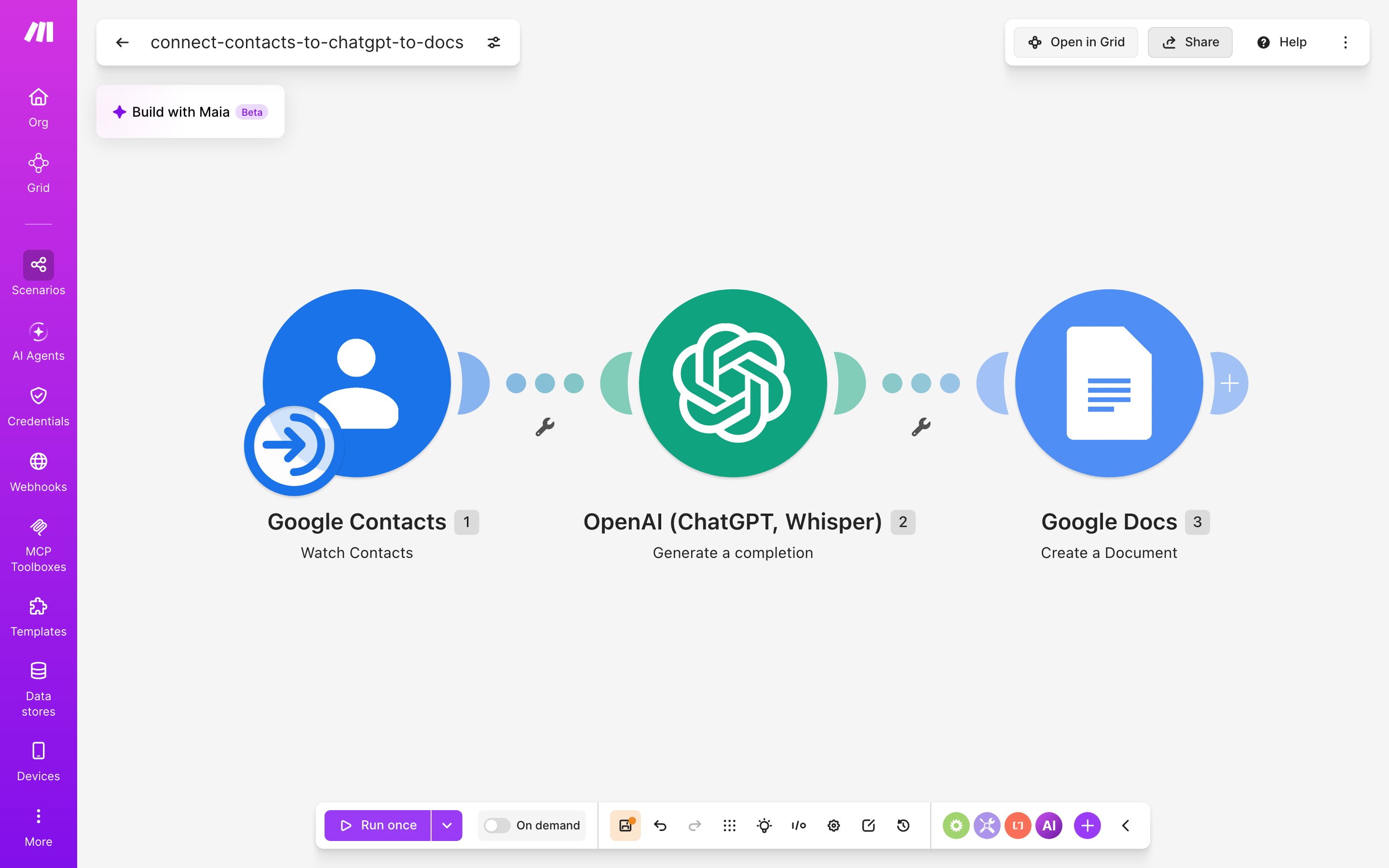 עורך התרחיש — google-contacts (Watch Contacts) → ChatGPT (Generate a completion) → Google Docs (Create a Document)