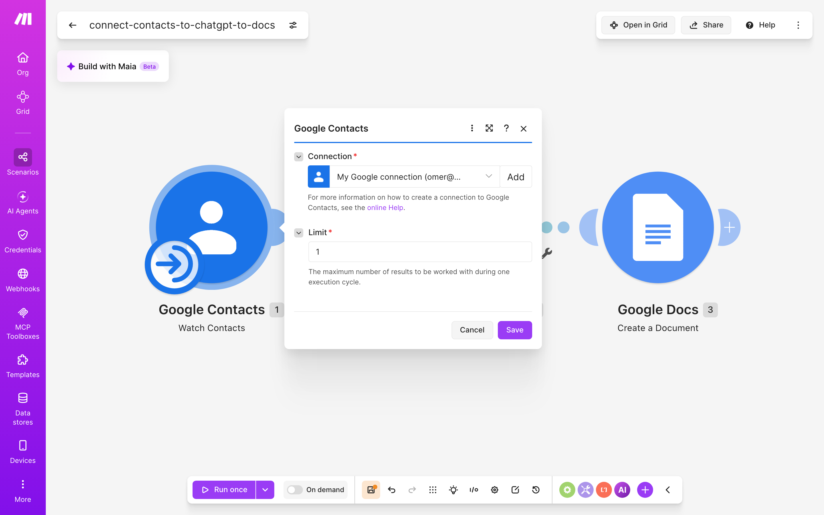 איך מחברים contacts ל-Google Docs — איש-קשר חדש → ChatGPT מנסח בעברית → נוצר מסמך מוכן 3 הגדרות המודול google-contacts — Watch Contacts