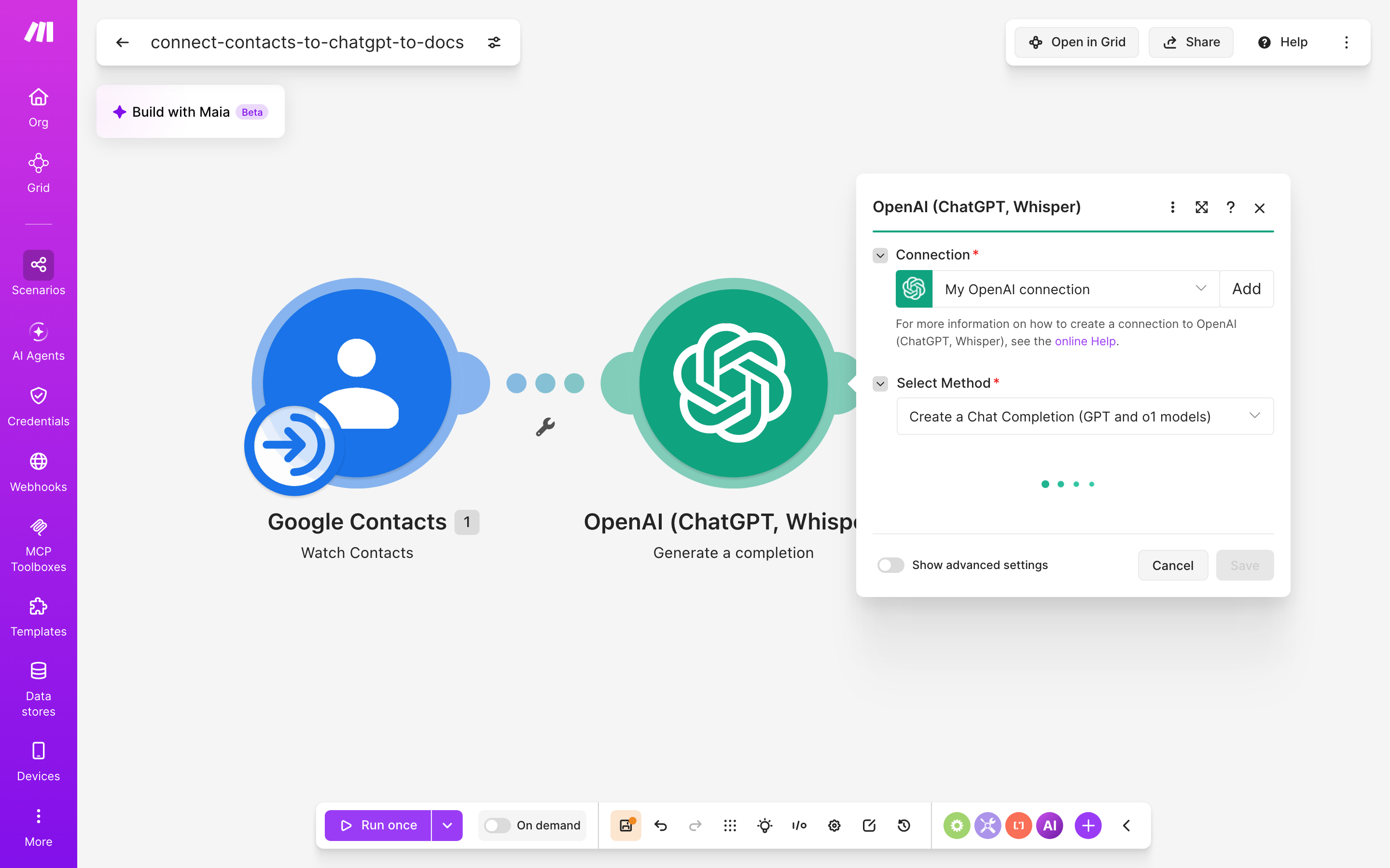 איך מחברים contacts ל-Google Docs — איש-קשר חדש → ChatGPT מנסח בעברית → נוצר מסמך מוכן 4 הגדרות המודול ChatGPT — Generate a completion
