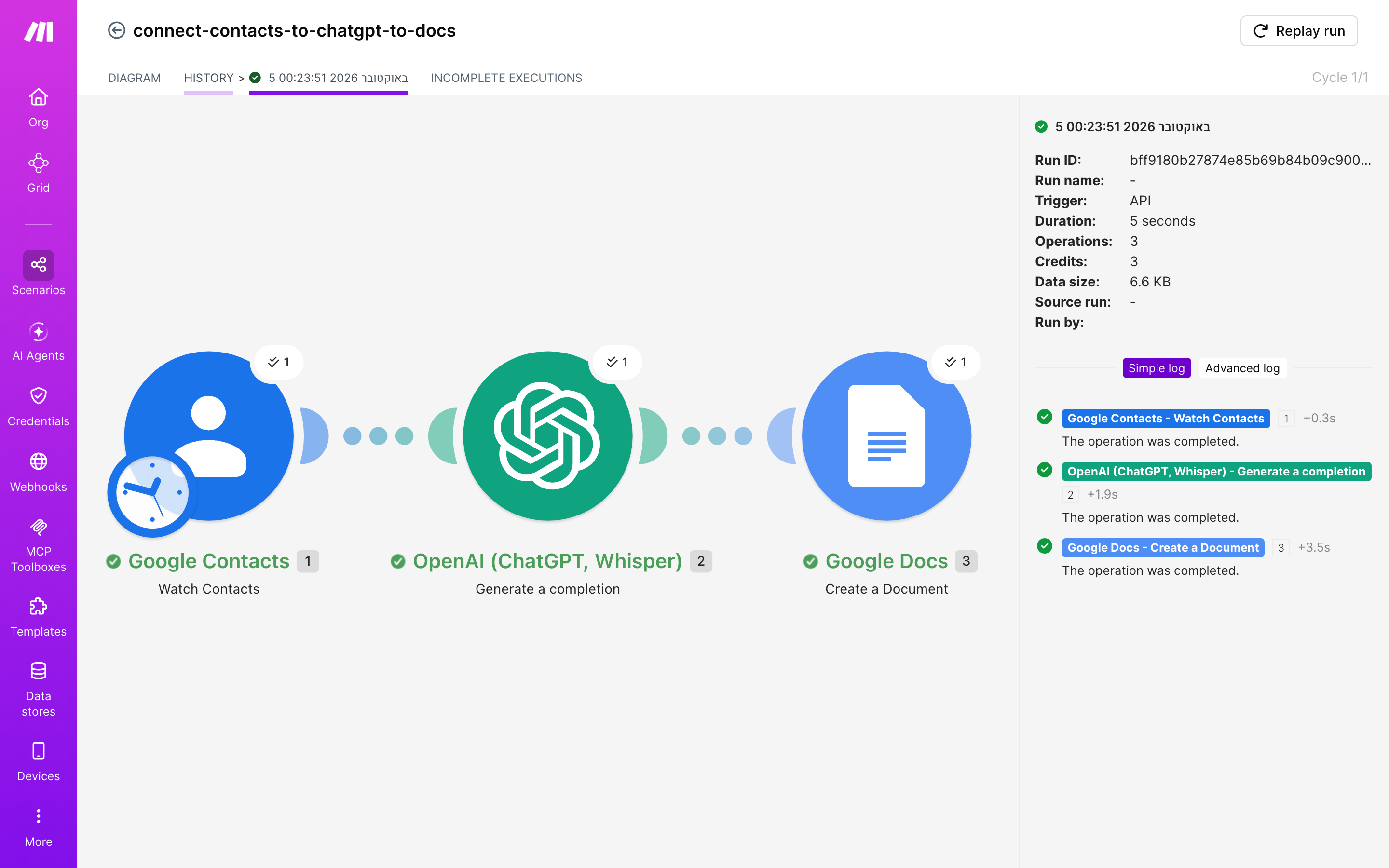 איך מחברים contacts ל-Google Docs — איש-קשר חדש → ChatGPT מנסח בעברית → נוצר מסמך מוכן 6 היסטוריית-הריצות: ריצה ירוקה, 3 פעולות, 5.10.2026