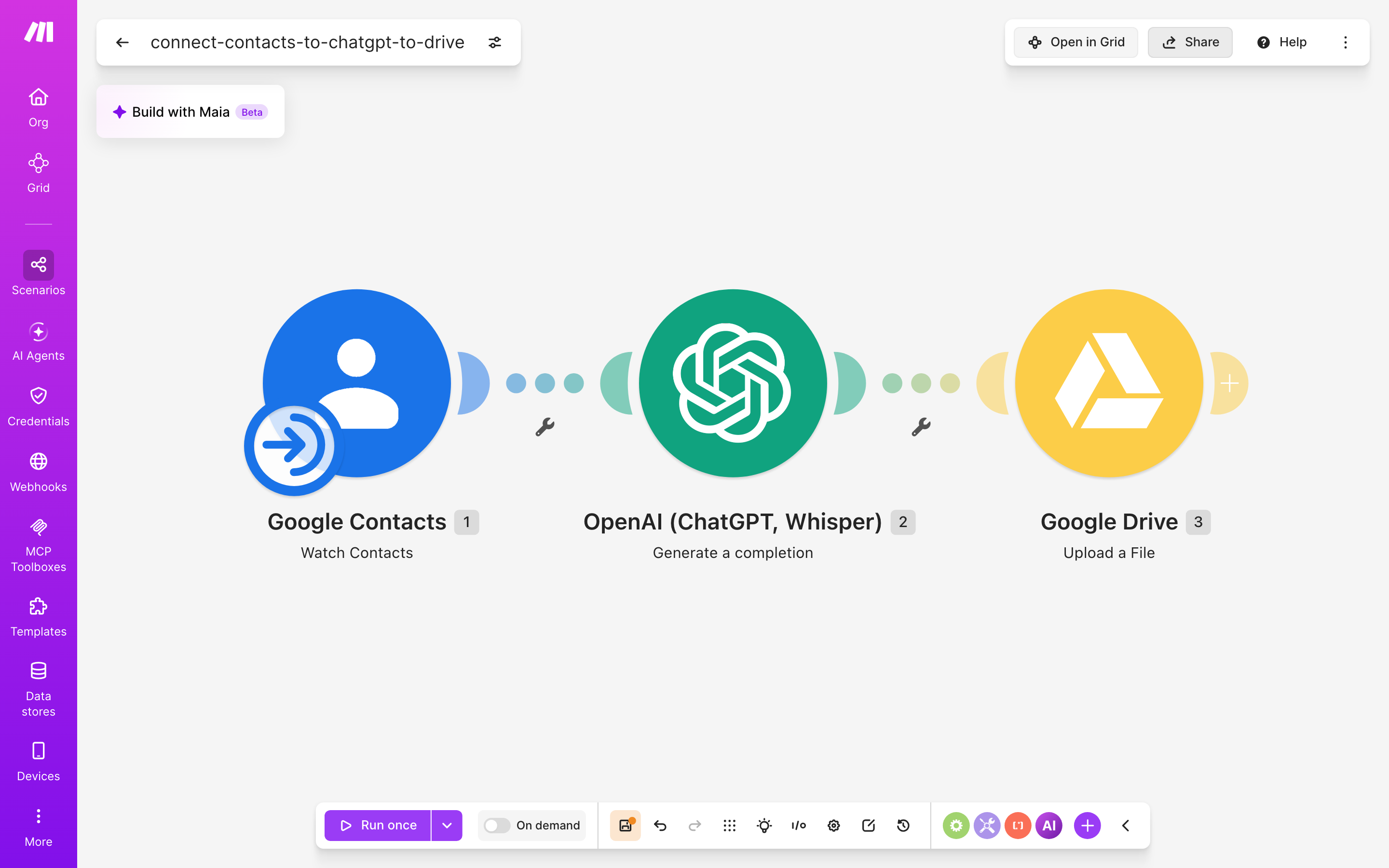 איך מחברים contacts ל-Google Drive — איש-קשר חדש → ChatGPT מנסח בעברית → הקובץ נשמר בתיקייה 2 עורך התרחיש — google-contacts (Watch Contacts) → ChatGPT (Generate a completion) → Google Drive (Upload a File)
