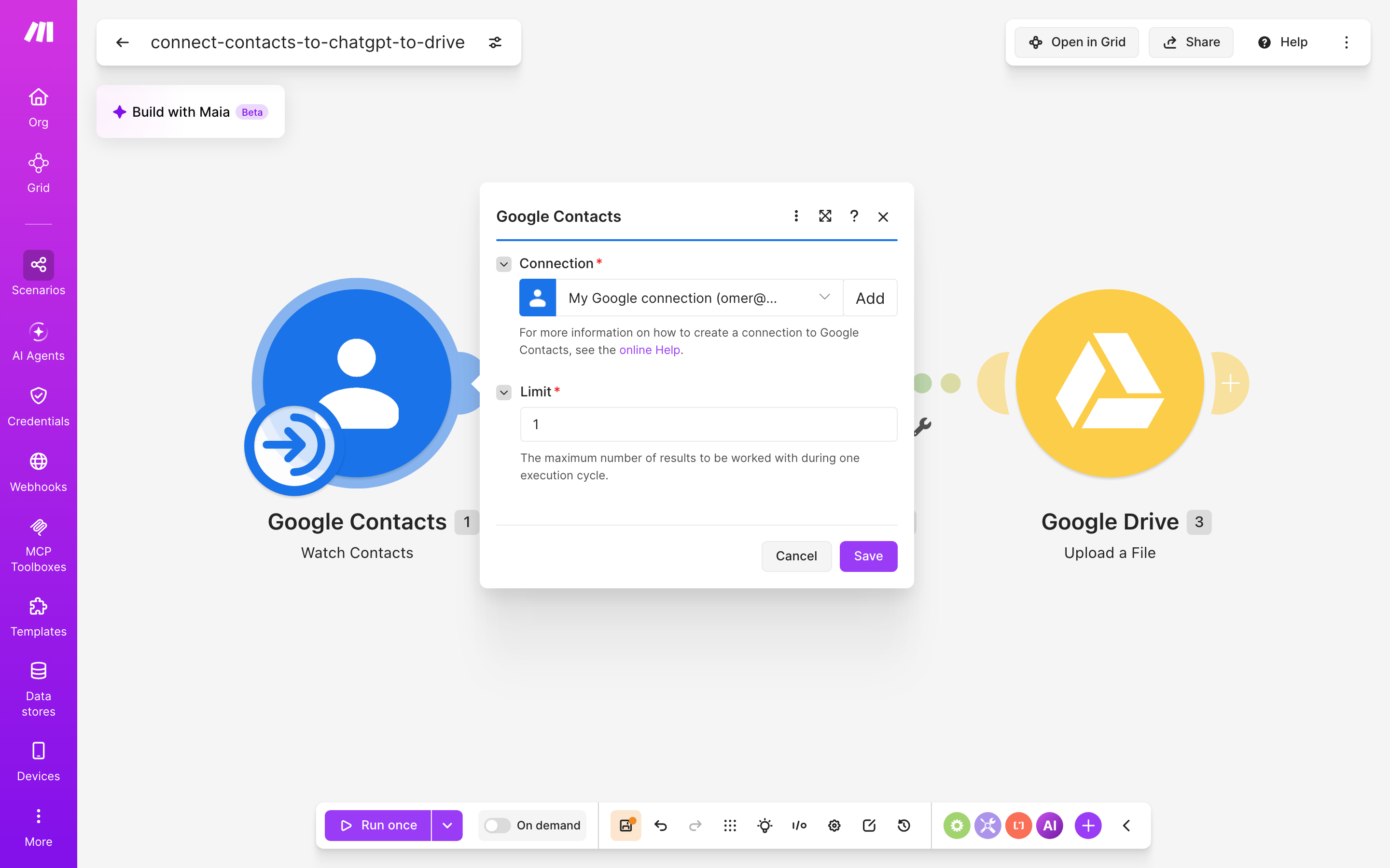 איך מחברים contacts ל-Google Drive — איש-קשר חדש → ChatGPT מנסח בעברית → הקובץ נשמר בתיקייה 3 הגדרות המודול google-contacts — Watch Contacts