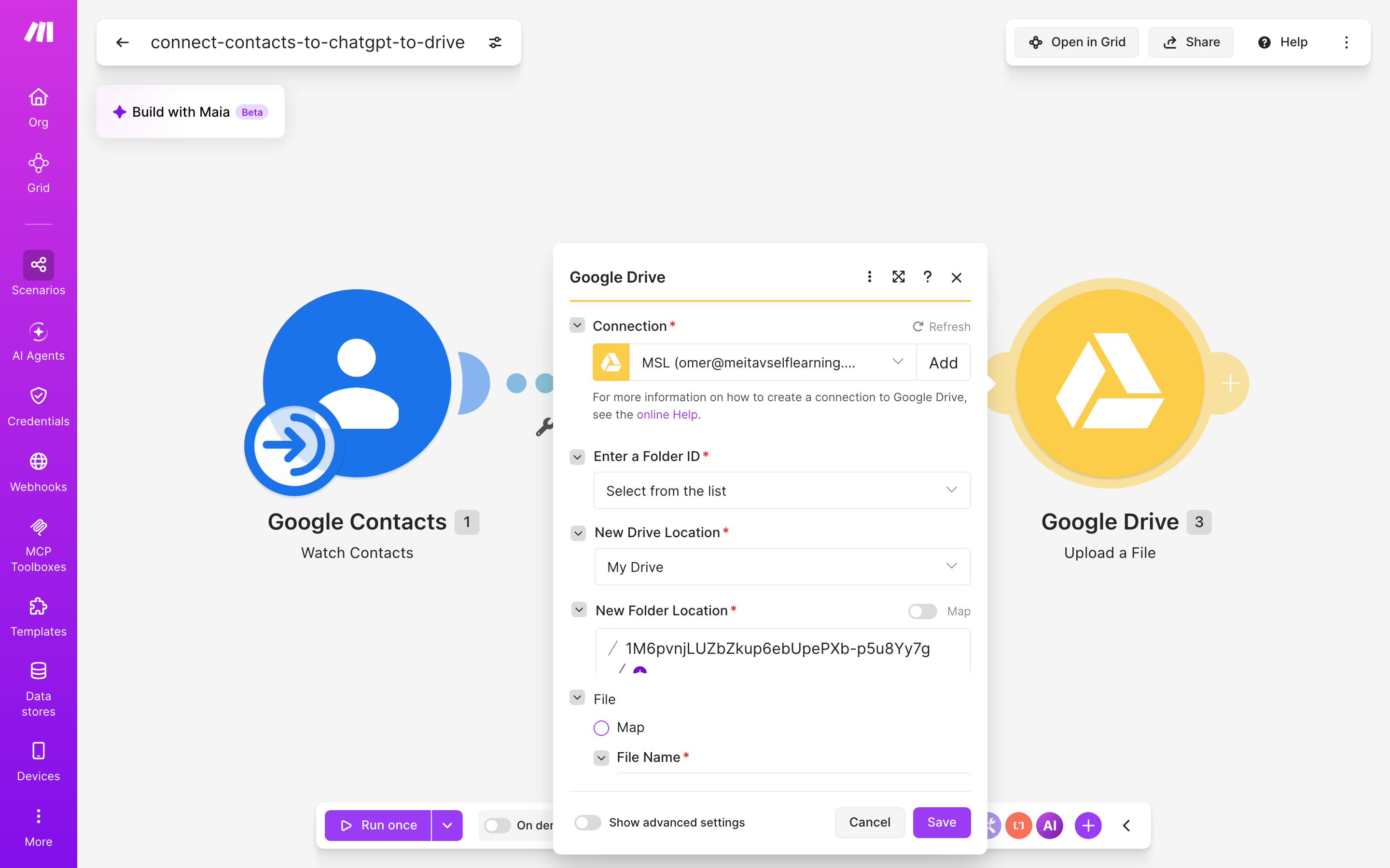 איך מחברים contacts ל-Google Drive — איש-קשר חדש → ChatGPT מנסח בעברית → הקובץ נשמר בתיקייה 5 הגדרות המודול Google Drive — Upload a File