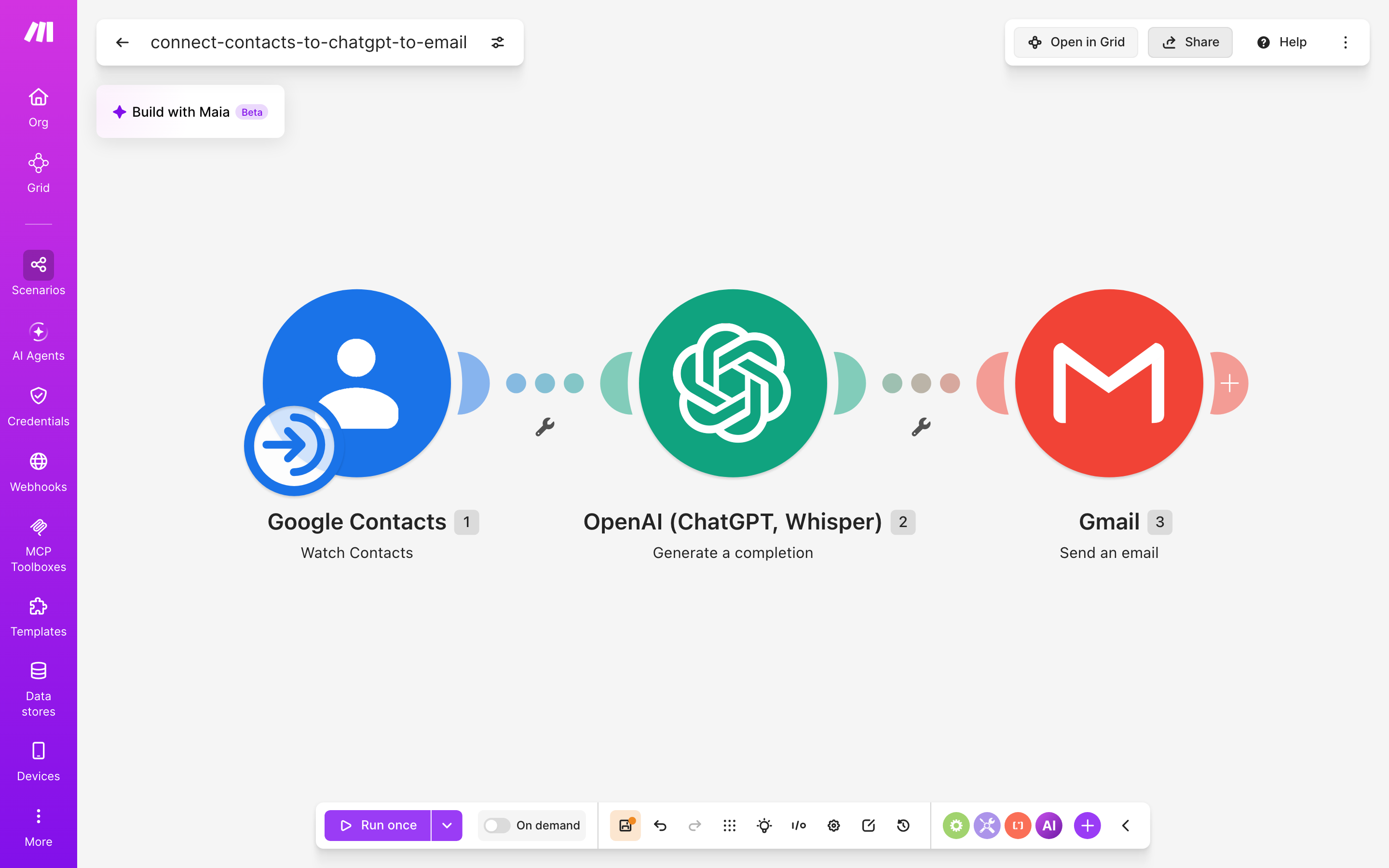 עורך התרחיש — google-contacts (Watch Contacts) → ChatGPT (Generate a completion) → Gmail (Send an Email)
