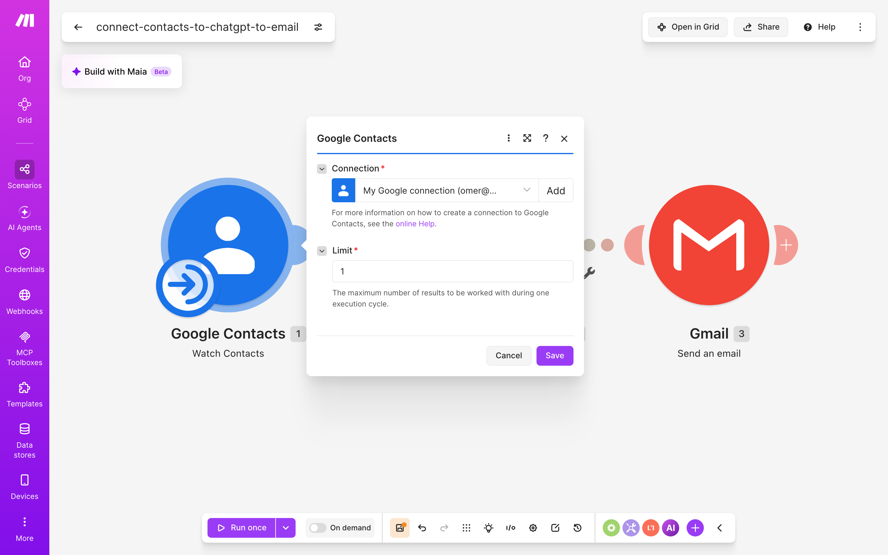 איך מחברים contacts ל-Gmail — איש-קשר חדש → ChatGPT מנסח בעברית → נשלח מייל 3 הגדרות המודול google-contacts — Watch Contacts